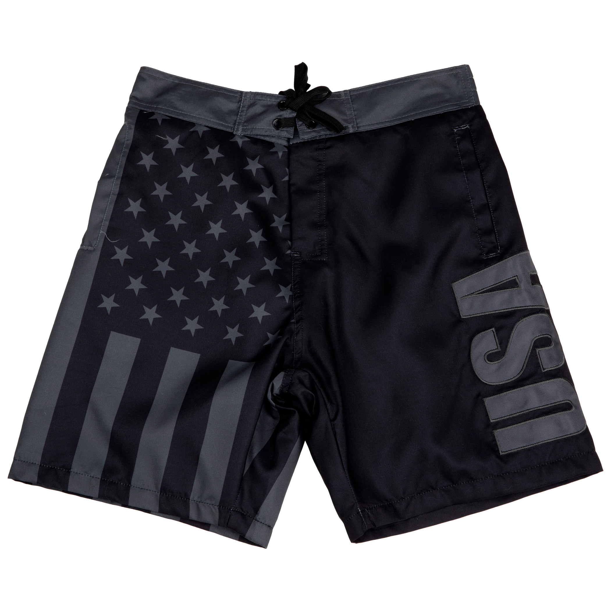Patriotic Blackout American Flag Swim Trunks
