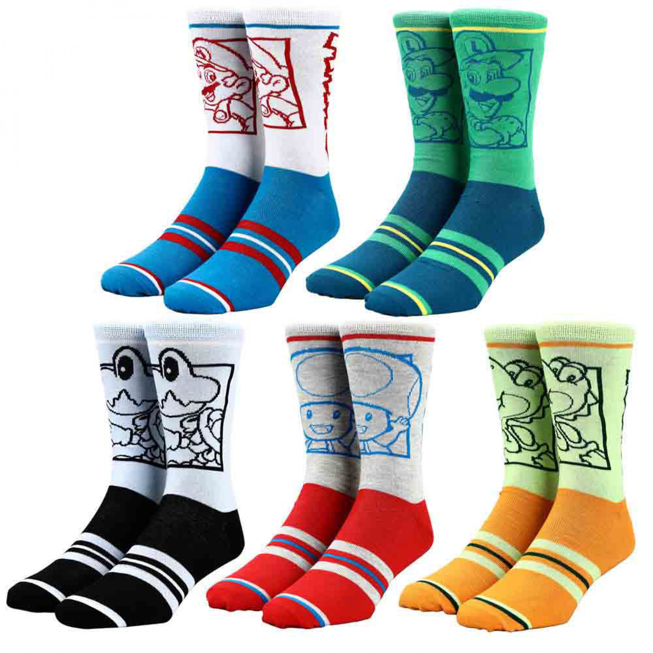 Nintendo Super Mario Bros. Character Colorblock 5-Pair Pack of Crew Socks, Multi-Color