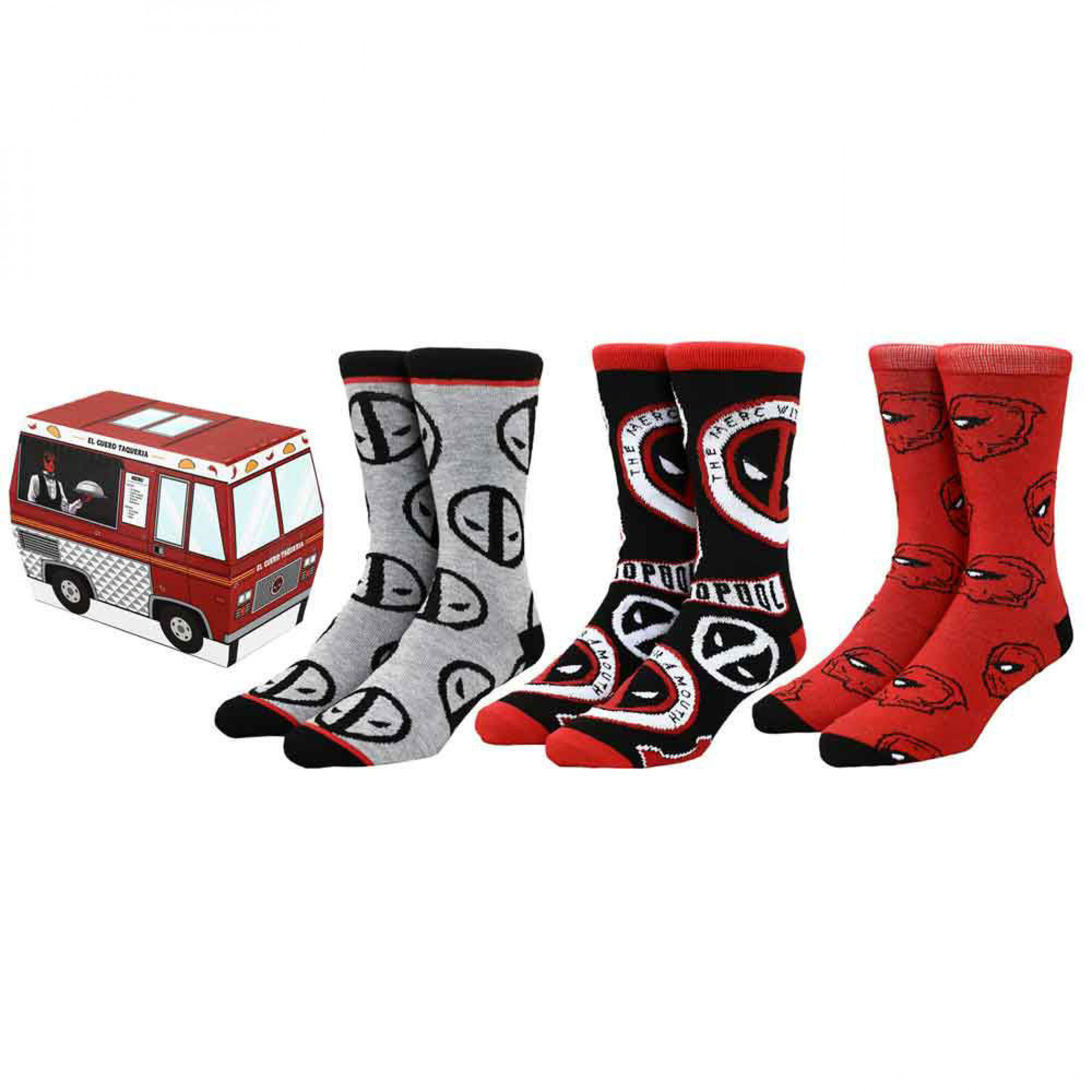 Marvel Comics Deadpool El Guero Taqueria 3-Pair Crew Sock Box Set, Multi-Color