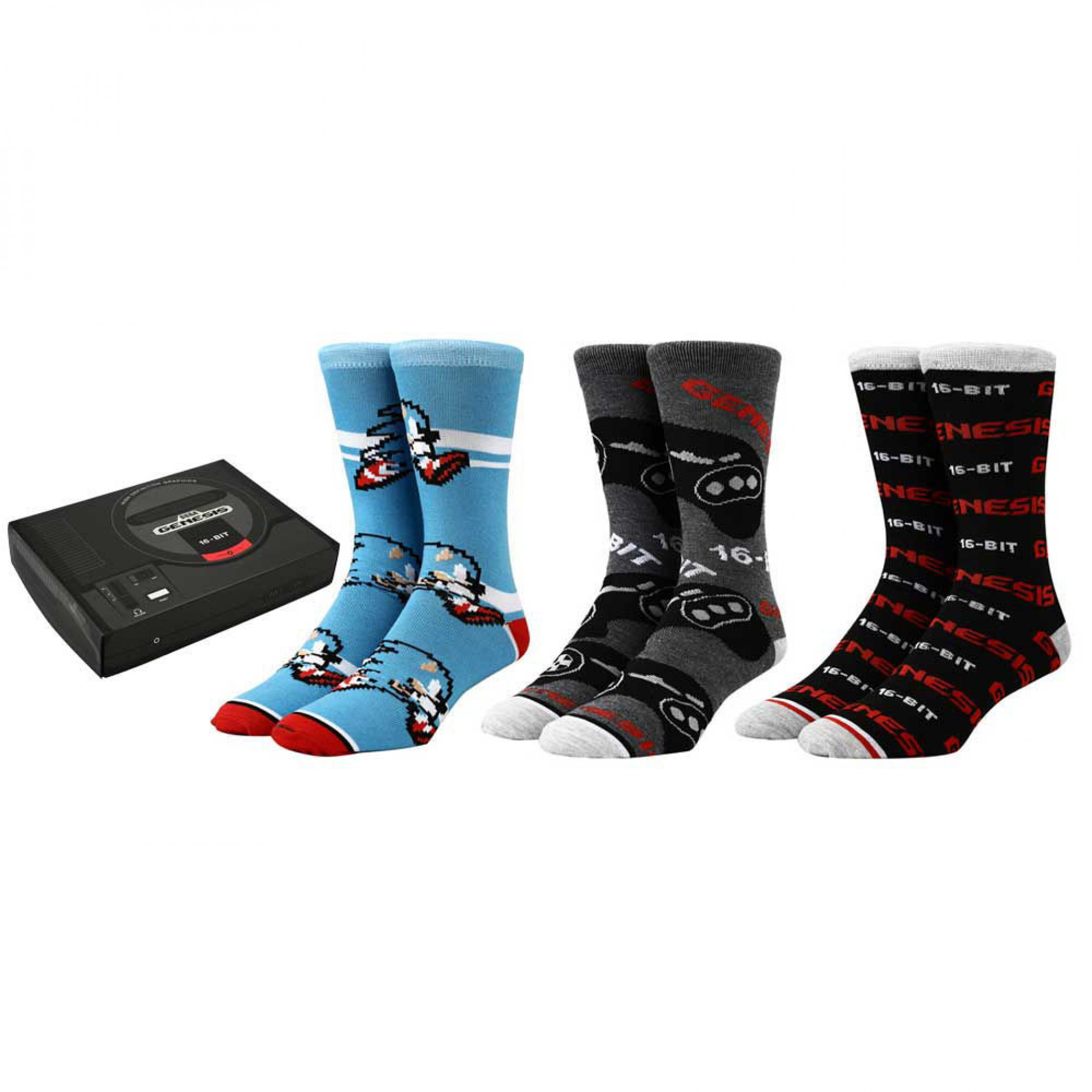 Sega Genesis Sonic & Classic Controller 3-Pair Crew Sock Box Set, Multi-Color