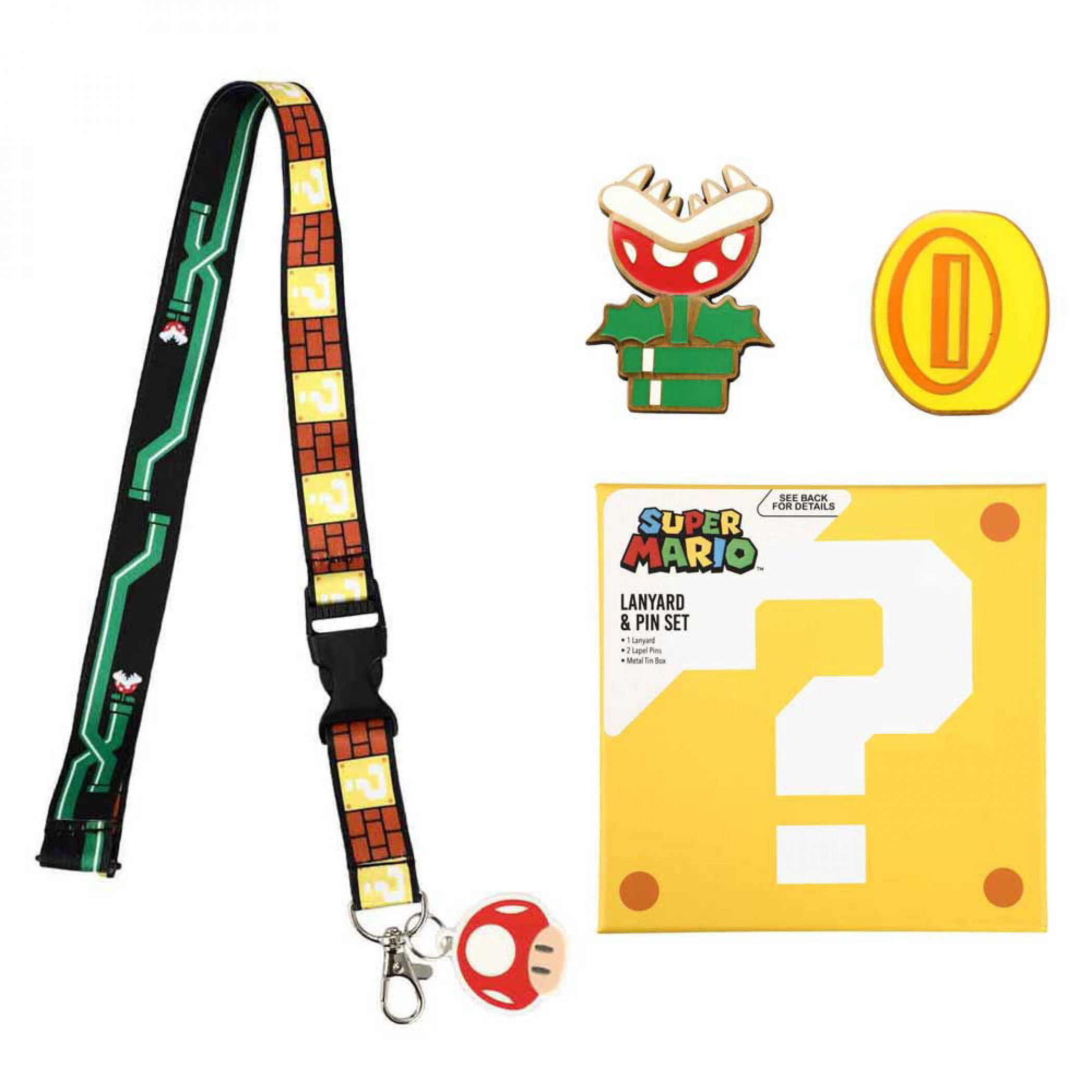 Nintendo Super Mario Lapel Pins & Rubber Charm Lanyard Set, Multi-Color