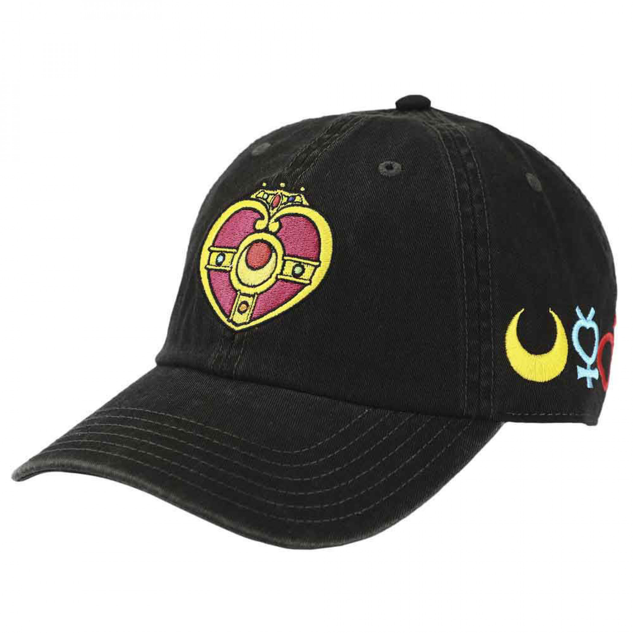 Sailor Moon Cosmic Heart Embroidered Symbols Pre-Curved Hat, Black