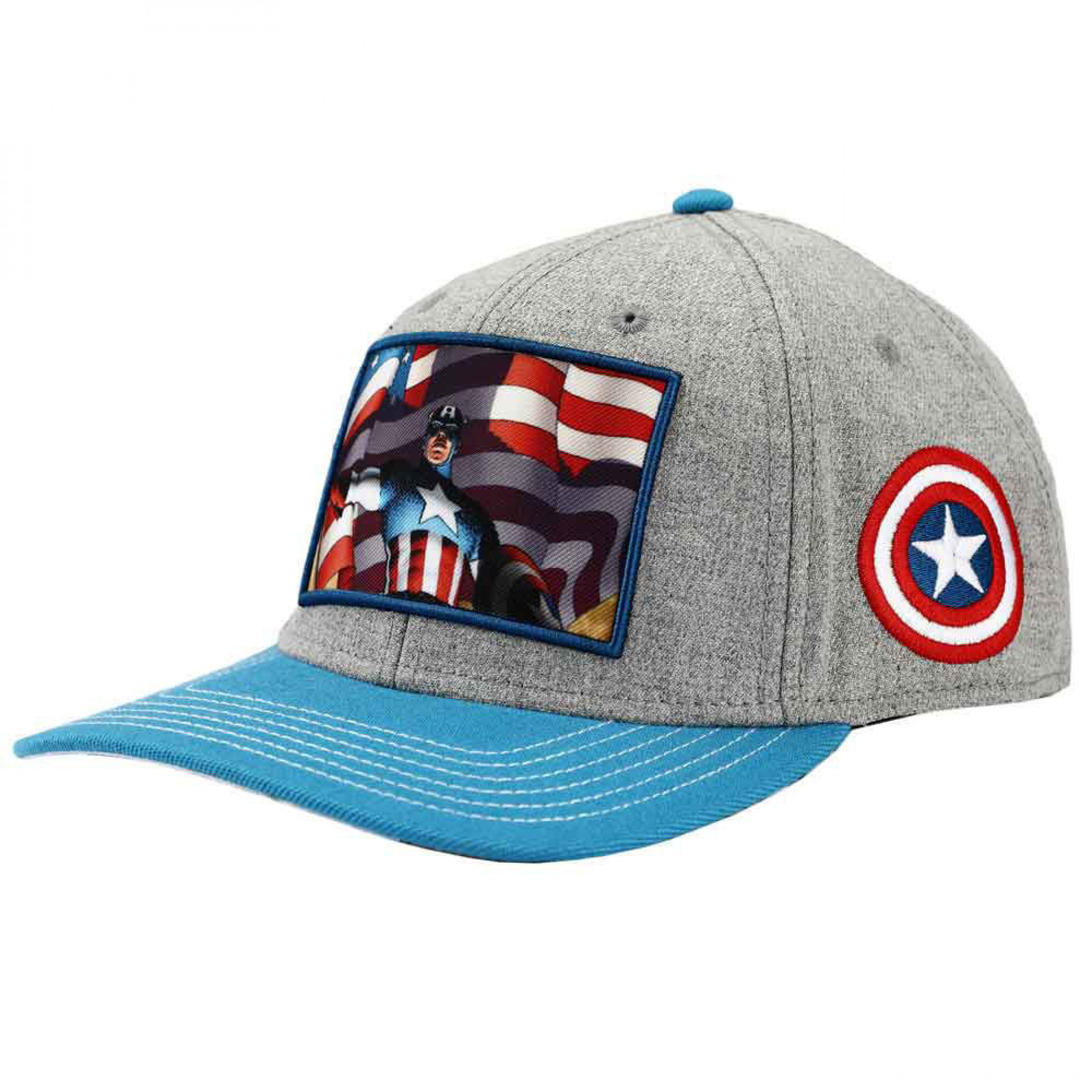 Captain America Embroidered Shield Patch Pre-Curved Snapback Cap, Grey