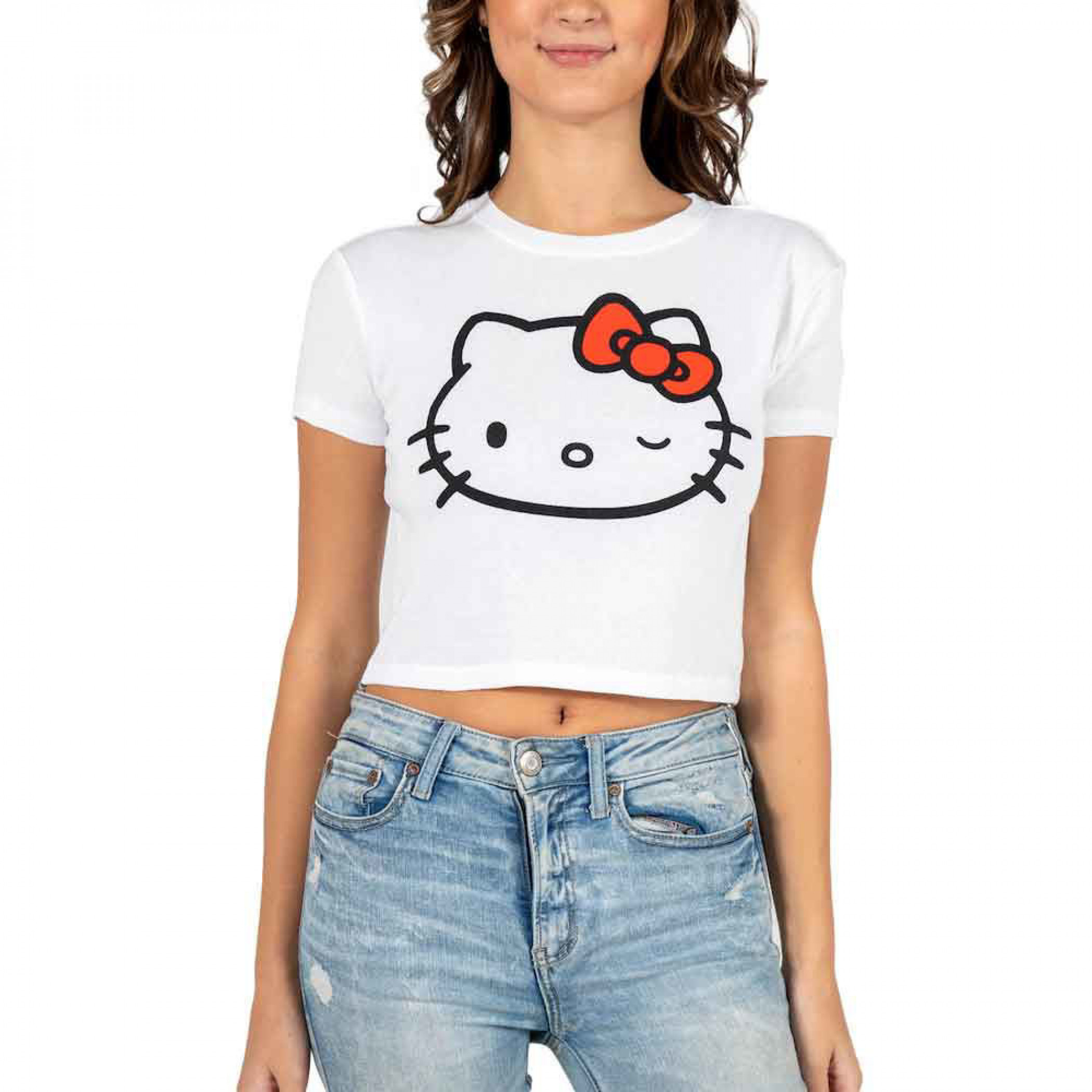 Hello Kitty Winky Face Women's Crop Top T-Shirt, White