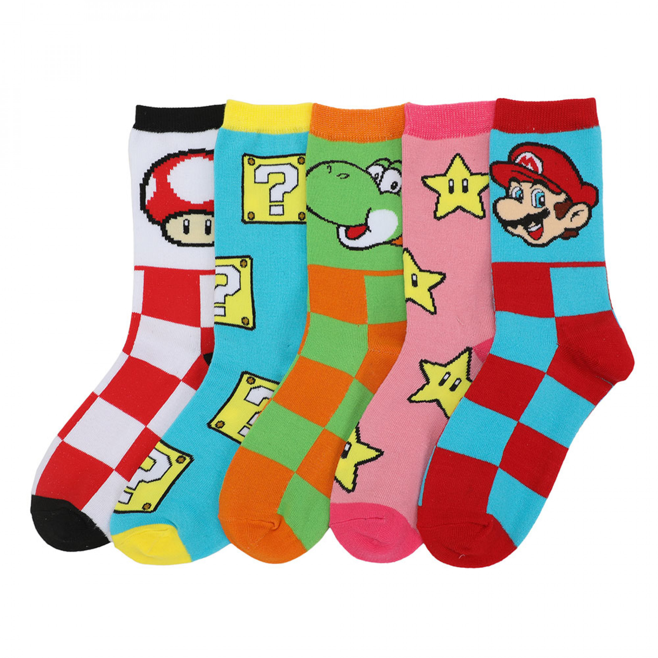 Super Mario Icons Checkered 5-Pair Pack of Women's Crew Socks, Multi-Color
