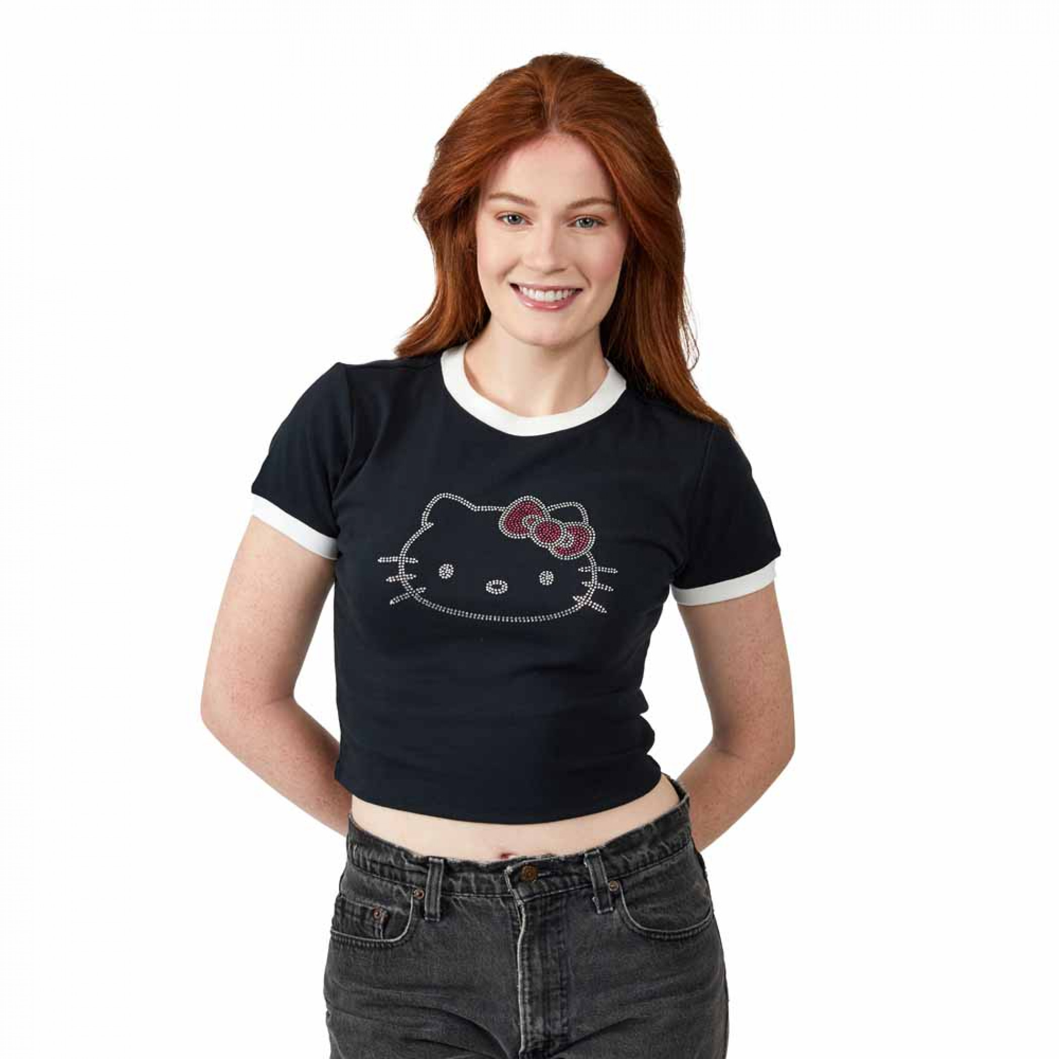 Hello Kitty Rhinestones Junior's Contrast Ringer T-Shirt, Black