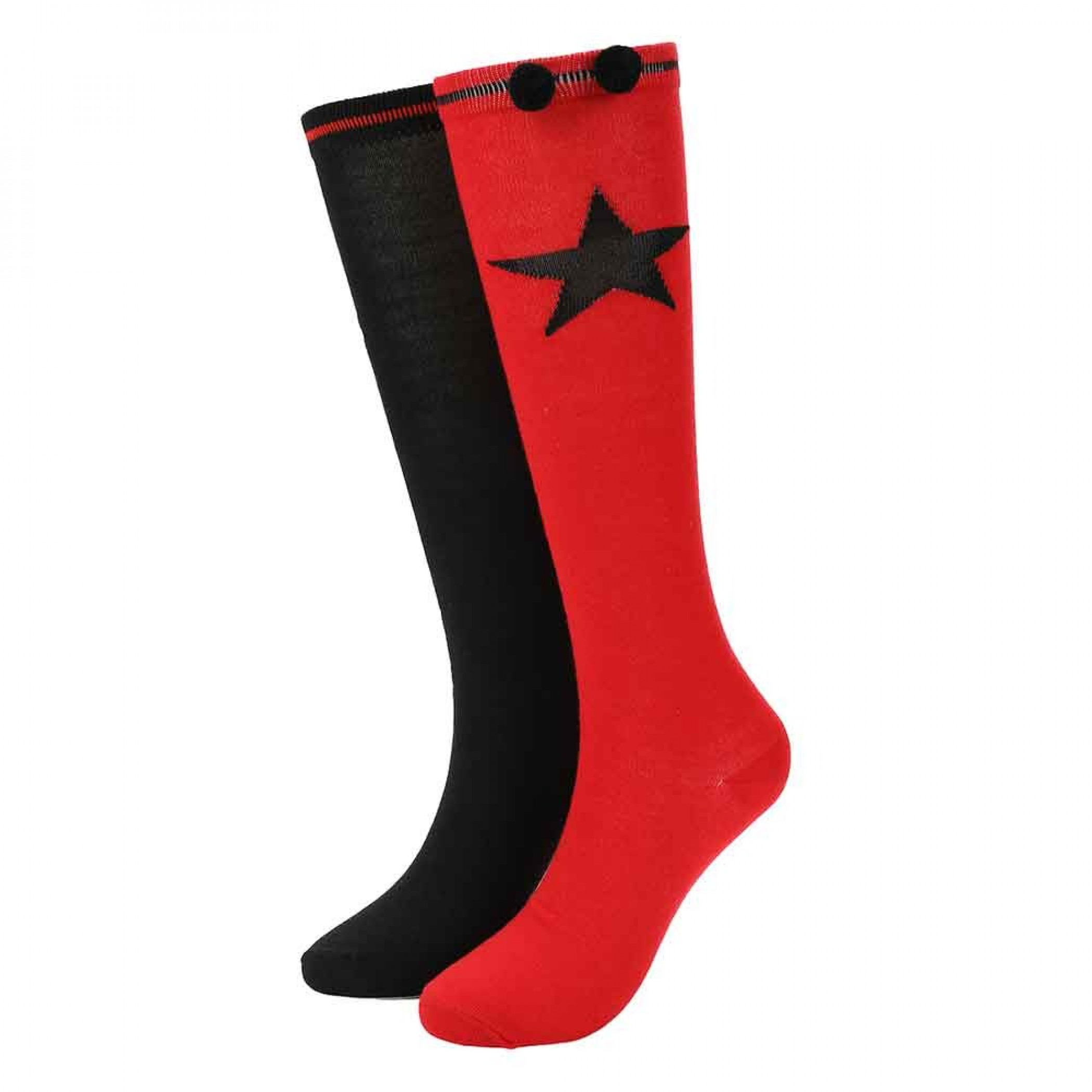 Harley Quinn Mismatch Cosplay Socks with PomPom's, Multi-Color