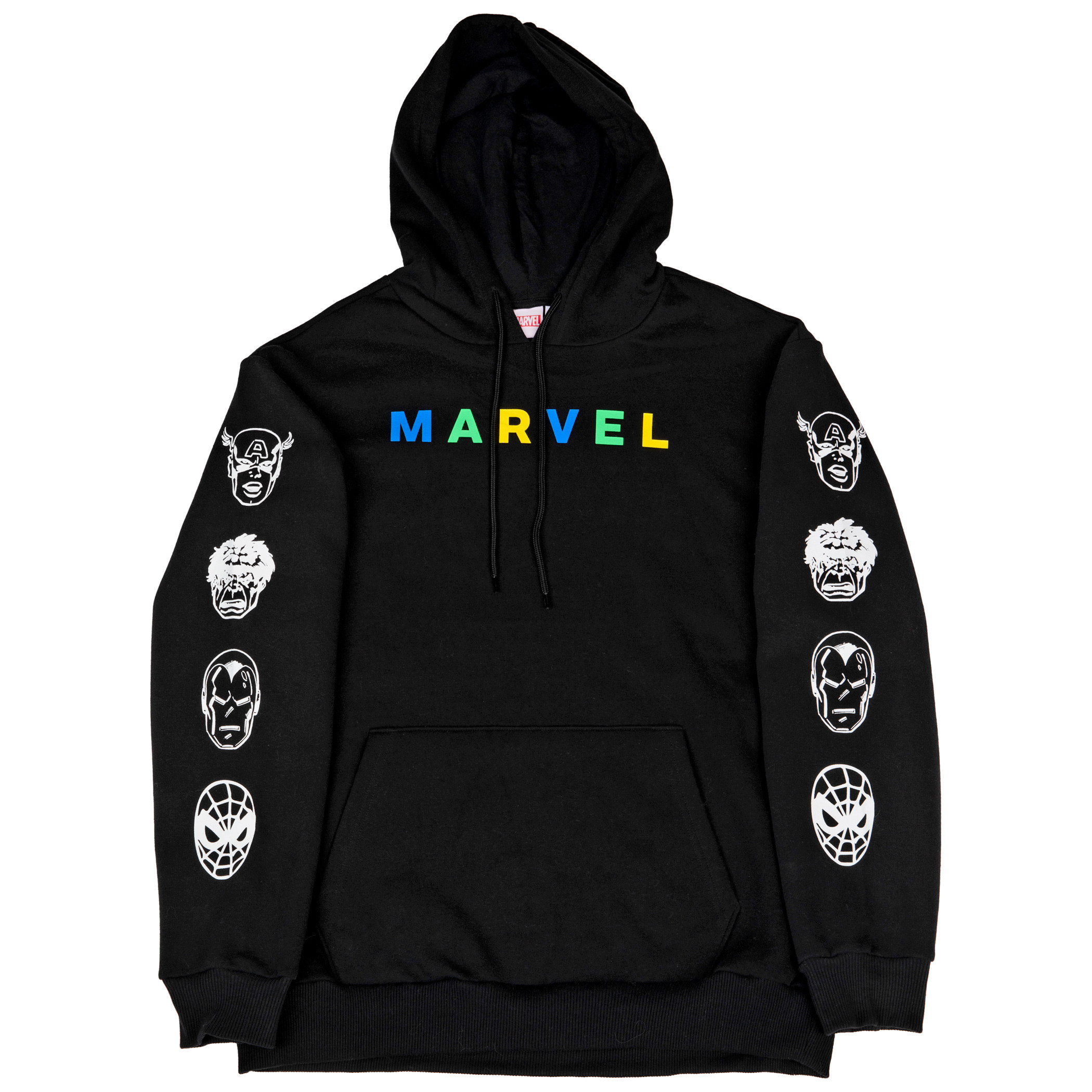 Marvel Brand Text Embroidery Hoodie With Character Sleeve Prints, Black
