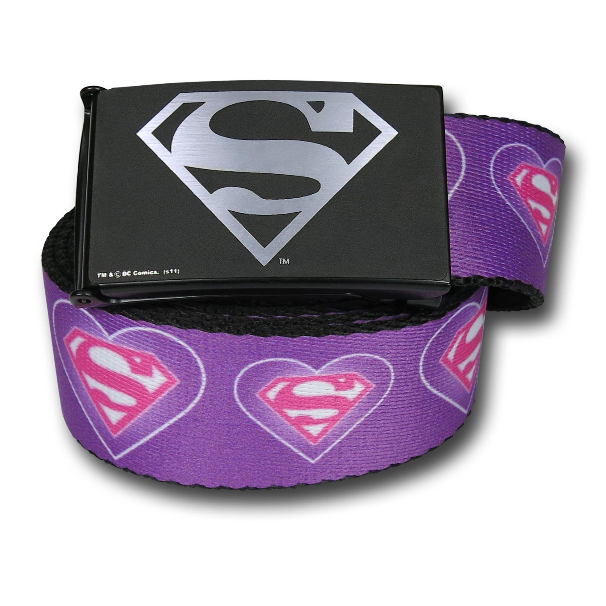 Supergirl Symbol & Hearts Adult Web Belt, Purple