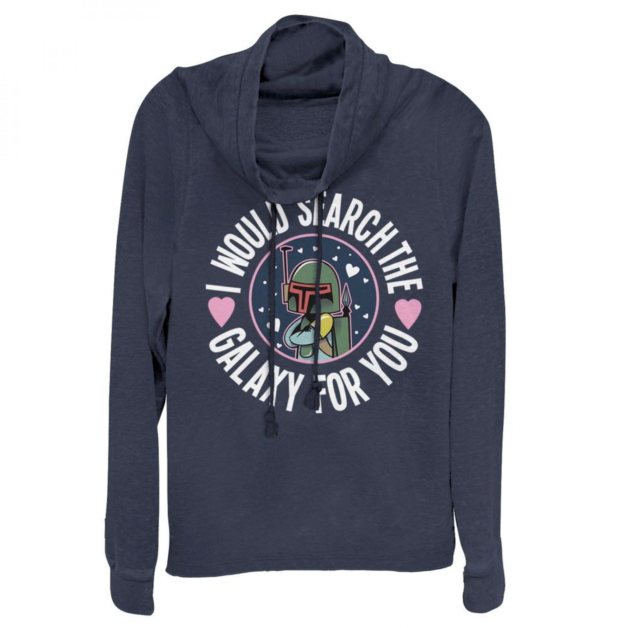 Valentine's Star Wars Boba Fett Search the Galaxy Cowl Neck Women's Sweatshirt, Blue
