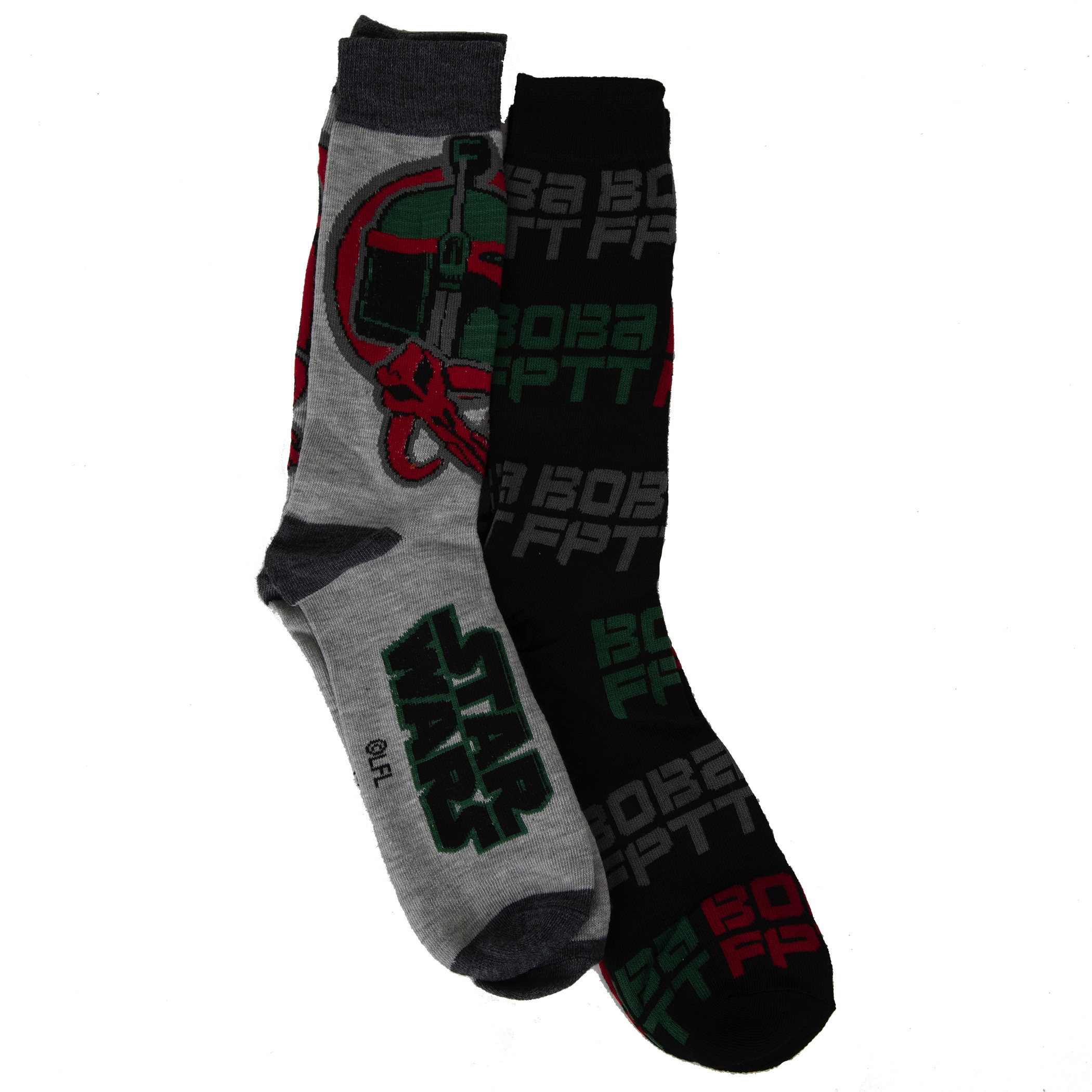Star Wars Boba Fett Helmet and Repeating Text 2-Pair Pack of Crew Socks, Multi-Color