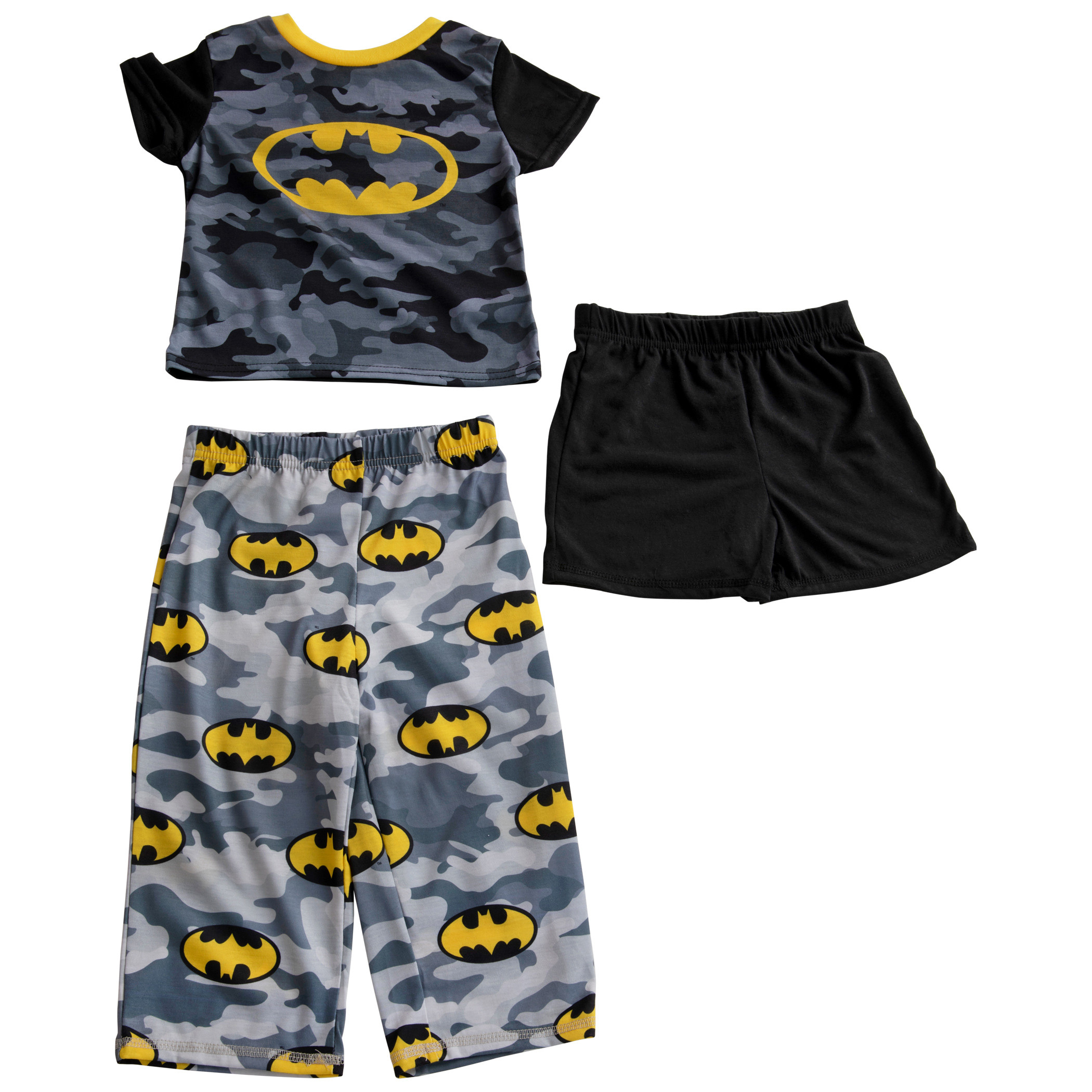 Batman Logo and Camo Pajama Shirt  Short and Pant Set, Multi-Color