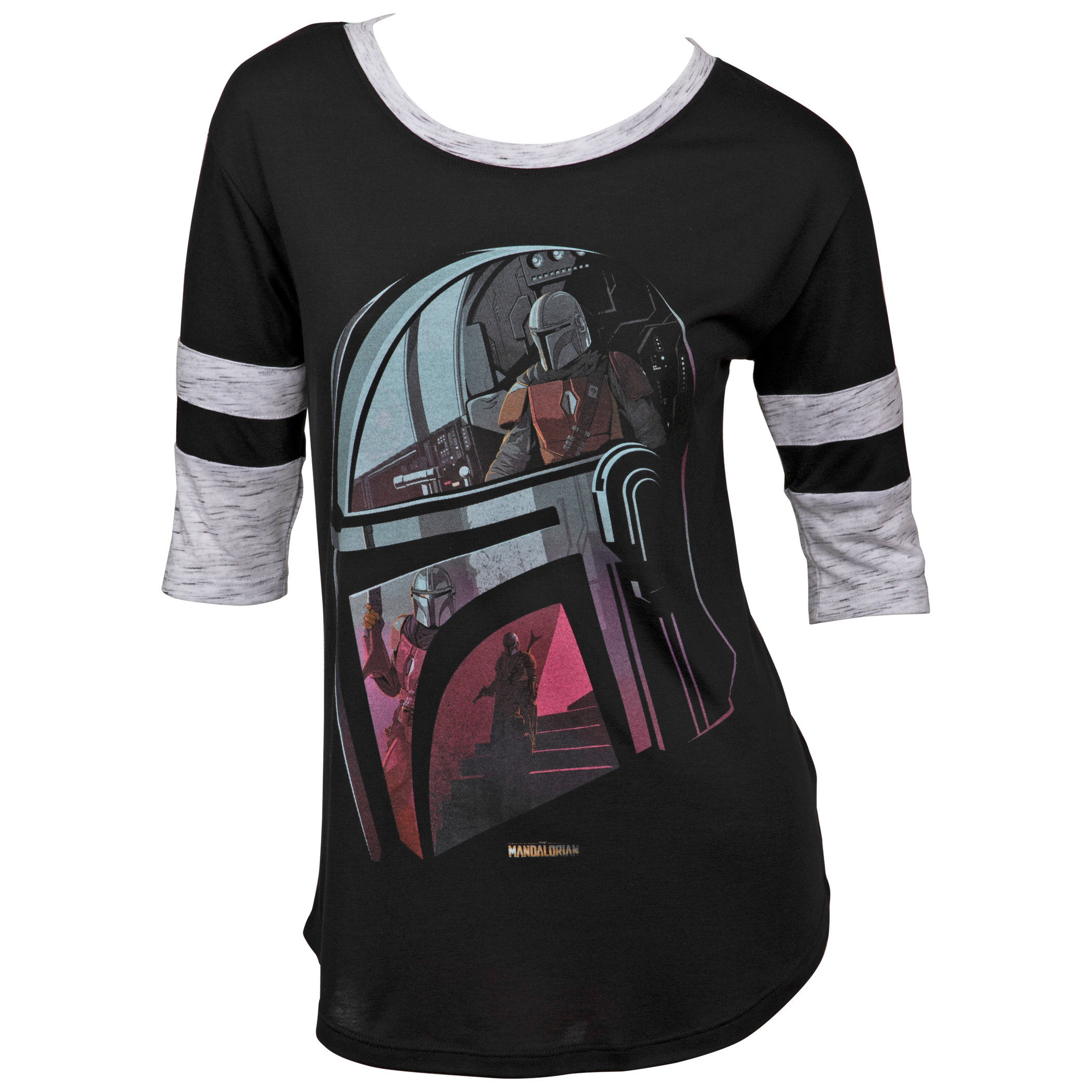 Star Wars The Mandalorian Helmet Women's 3/4 Sleeve Scoop Neck Top, Black