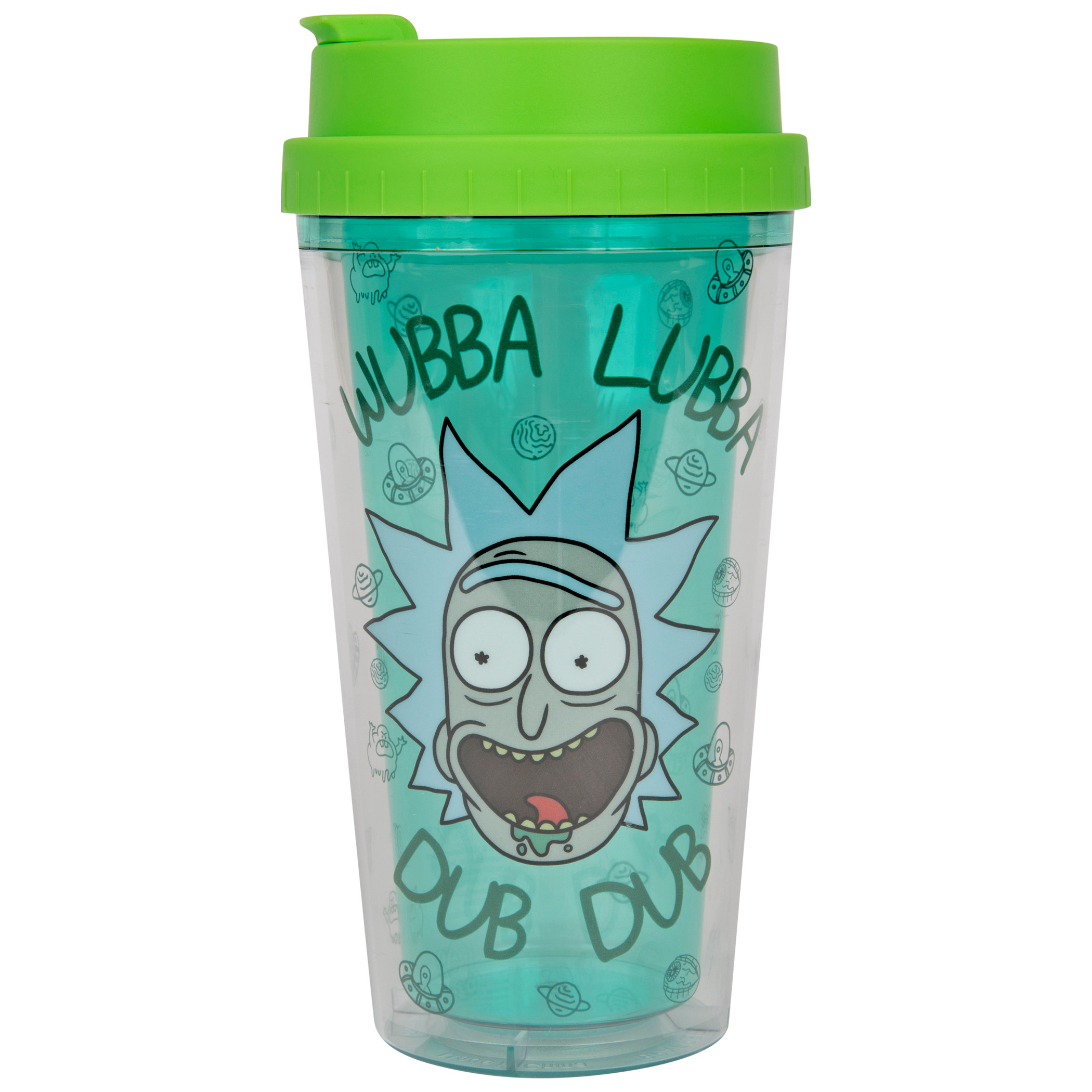 Rick and Morty Wubba Lubba 16oz Double Wall Plastic Travel Mug, Green