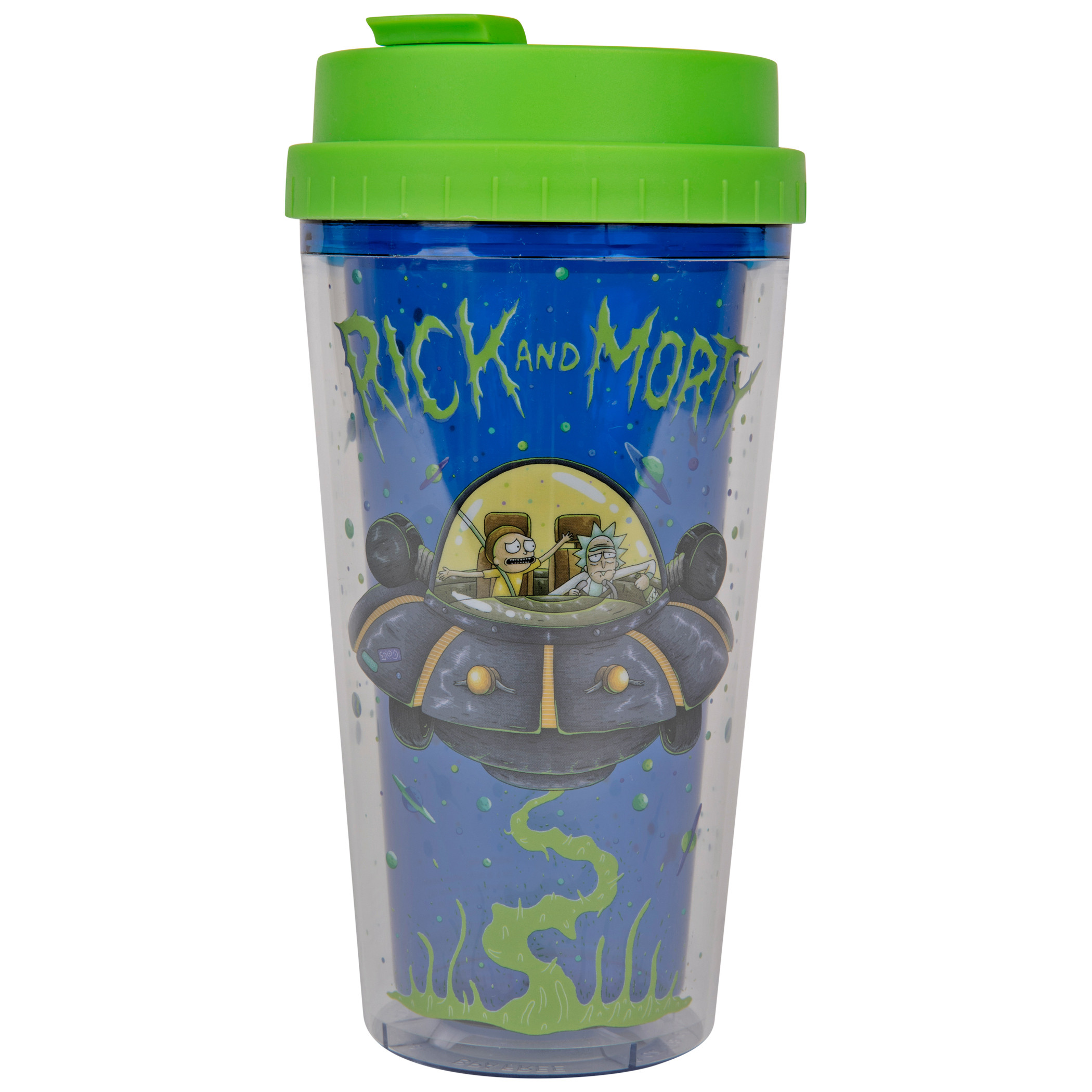 Rick and Morty Spaceship Googus 16oz Double Wall Plastic Travel Mug, Blue