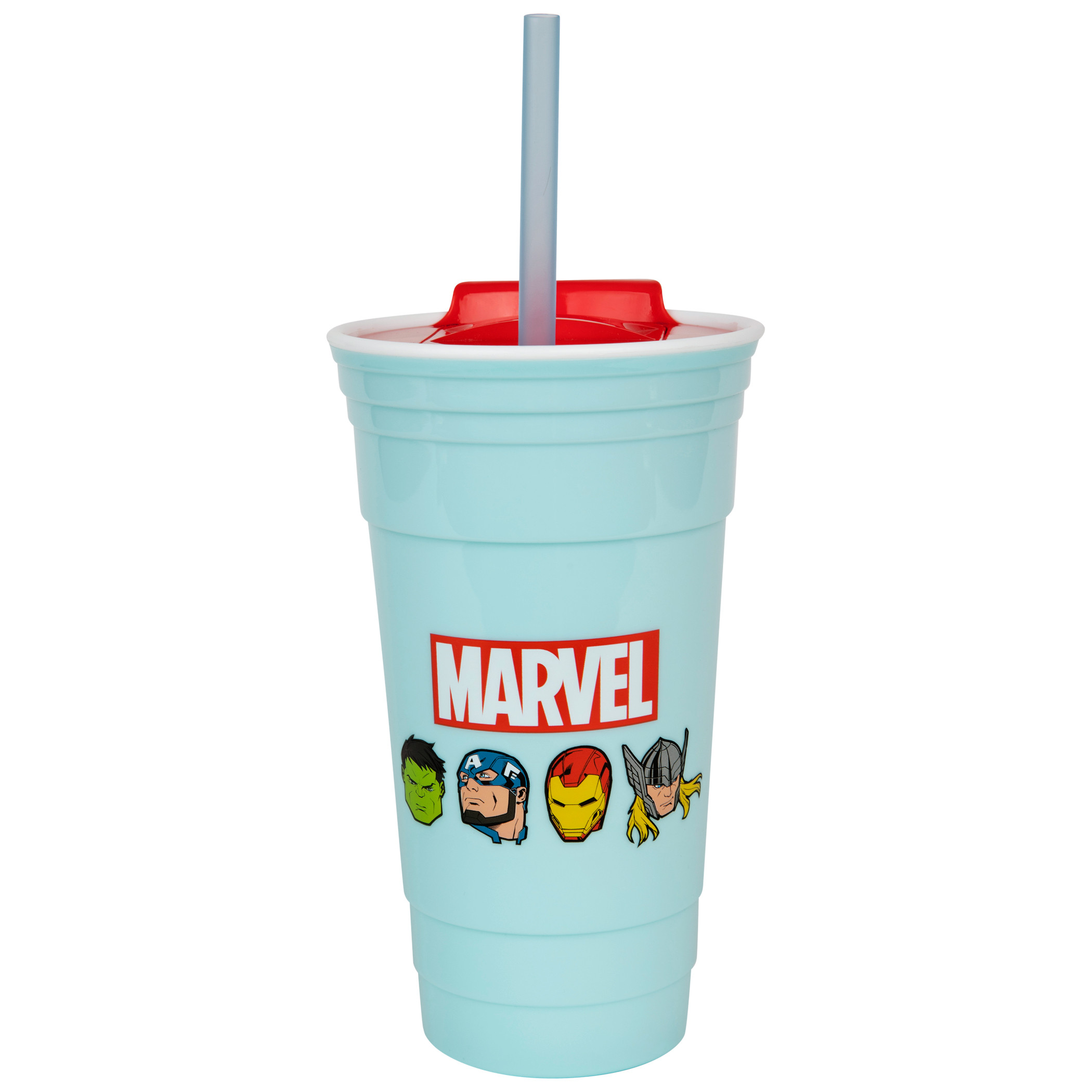 Marvel The Avengers Faces 32oz Plastic Party Cup with Lid and Straw, Blue