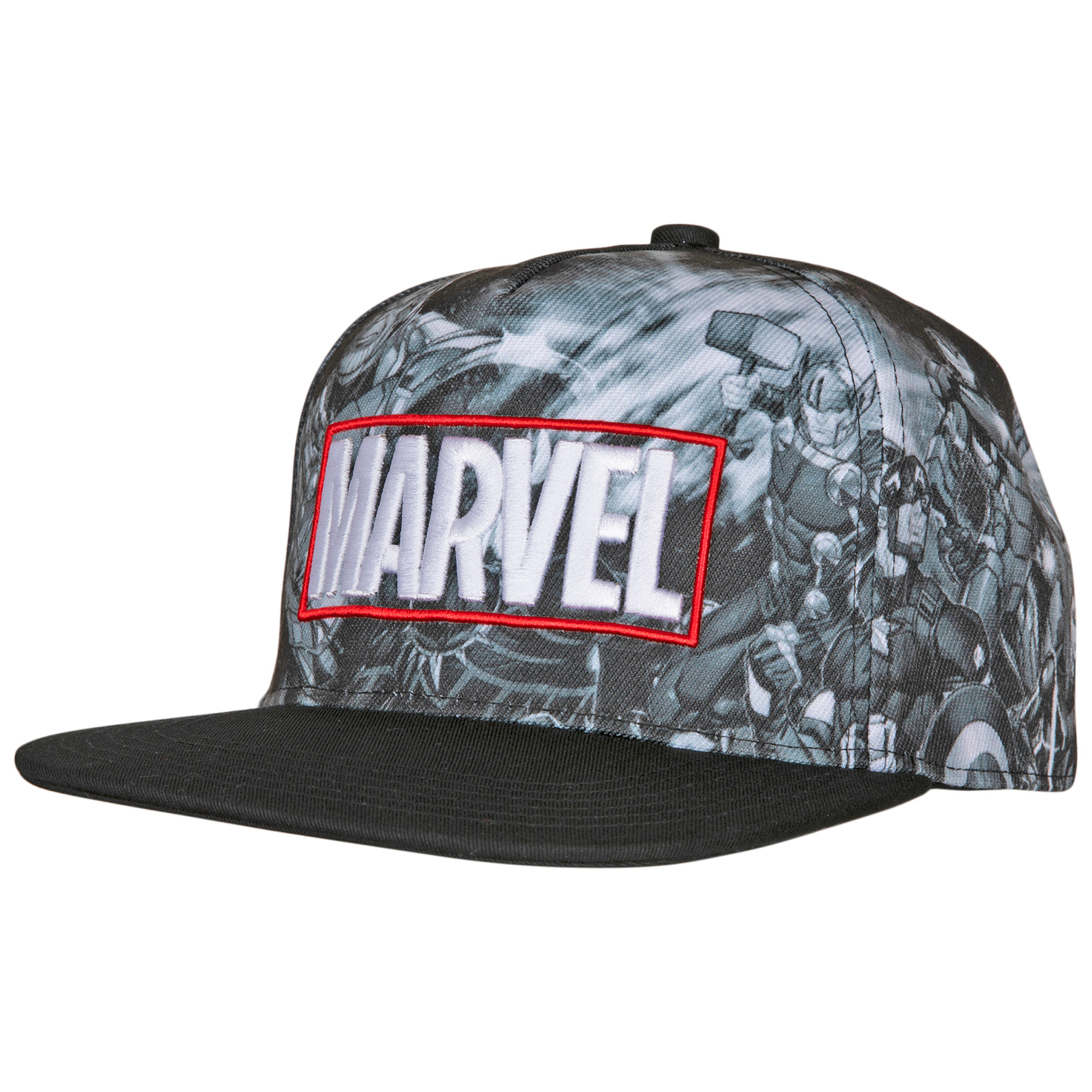 Marvel Avengers Characters Sublimated Panels Flat Brim Adjustable Hat, Black