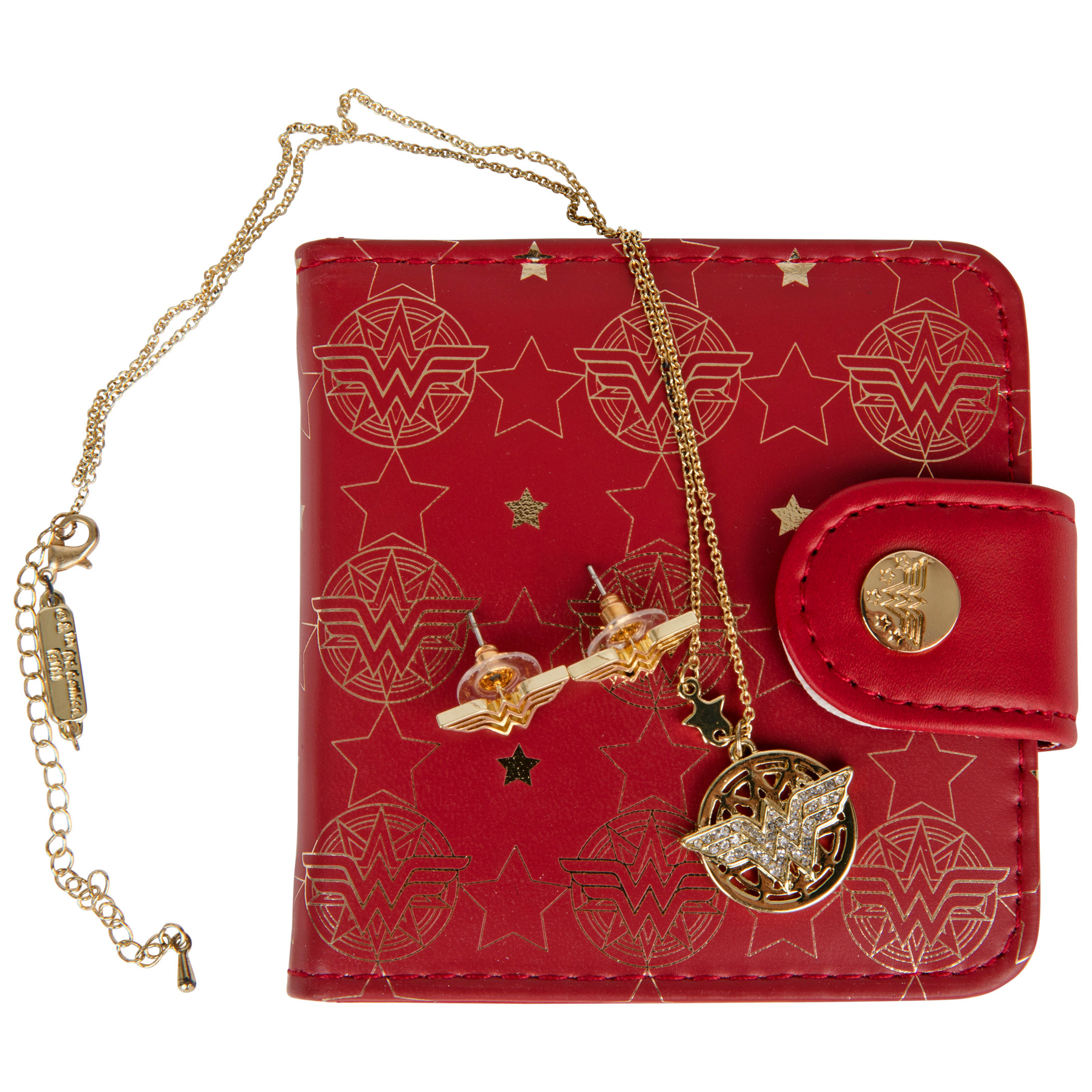 Wonder Woman Symbol Necklace  Earrings  and Wallet Set, Gold