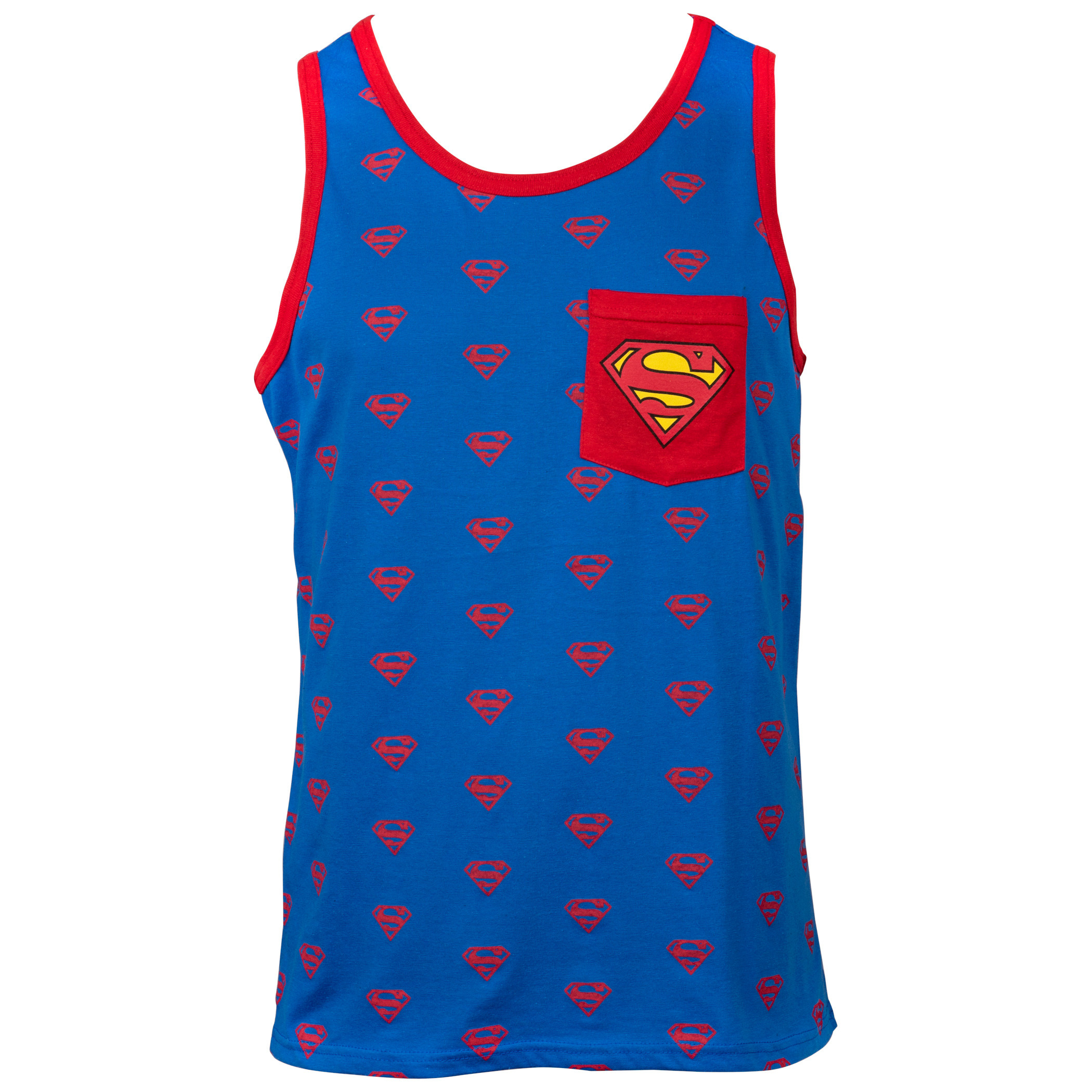 Superman Logos All Over Print Pocket Ringer Tank Top, Multi-Color