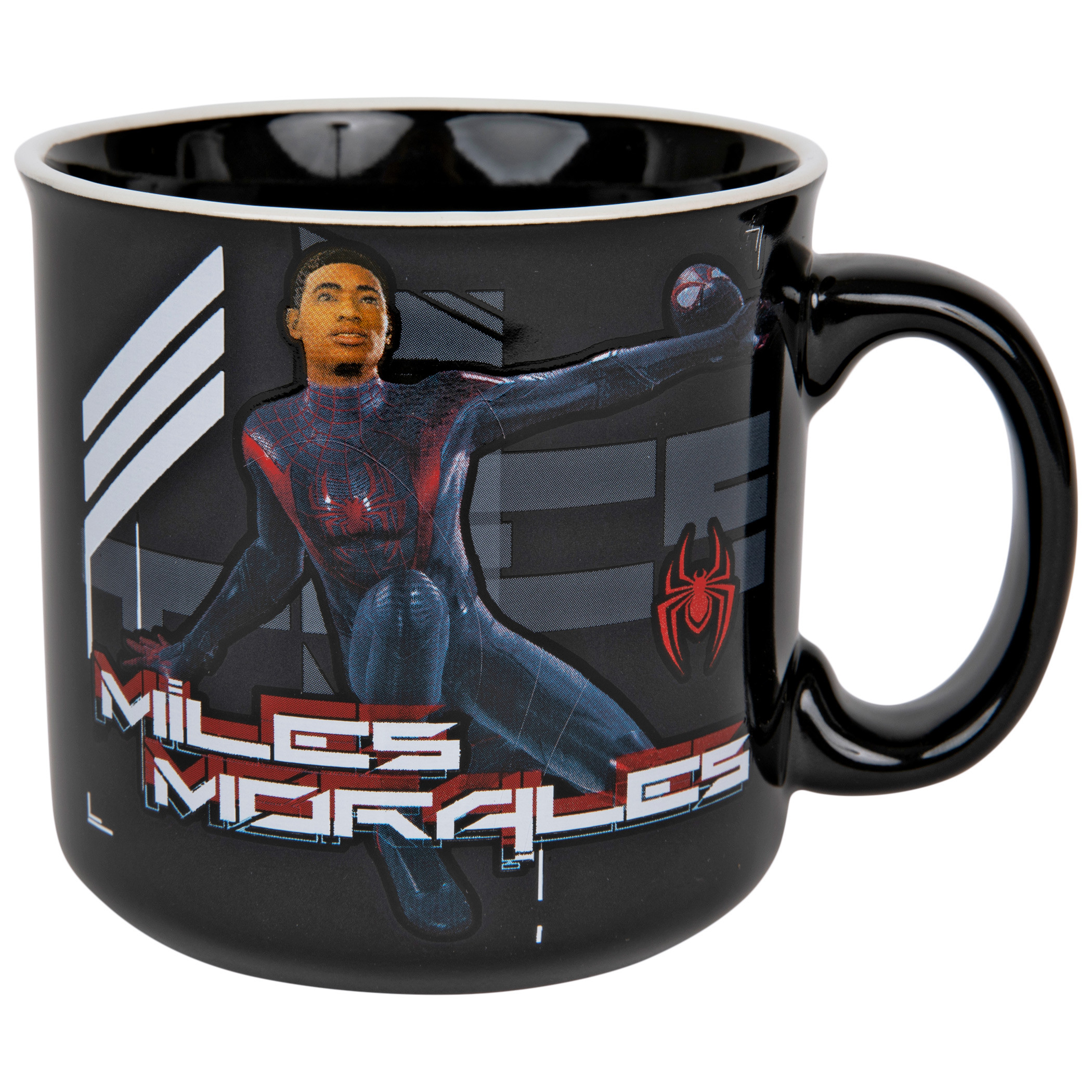 Spider-Man Miles Morales Holding Mask 20 Ounce Camper Mug, Black