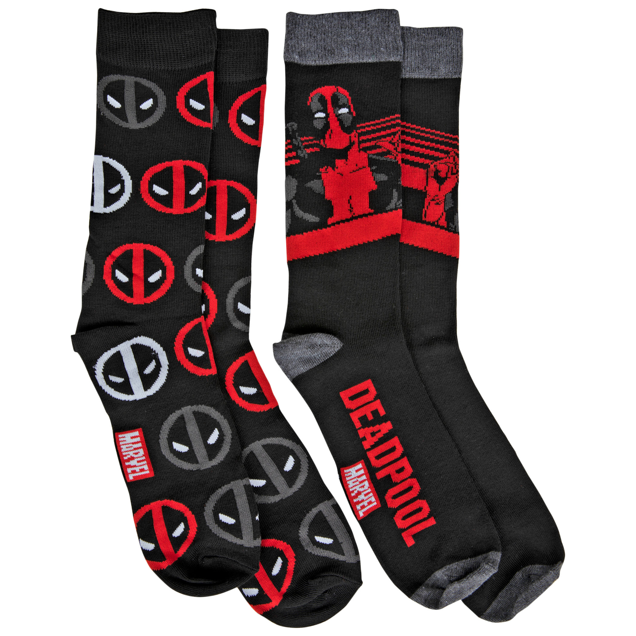 Deadpool Character and Repeating Logos 2-Pair Pack of Casual Crew Socks, Multi-Color