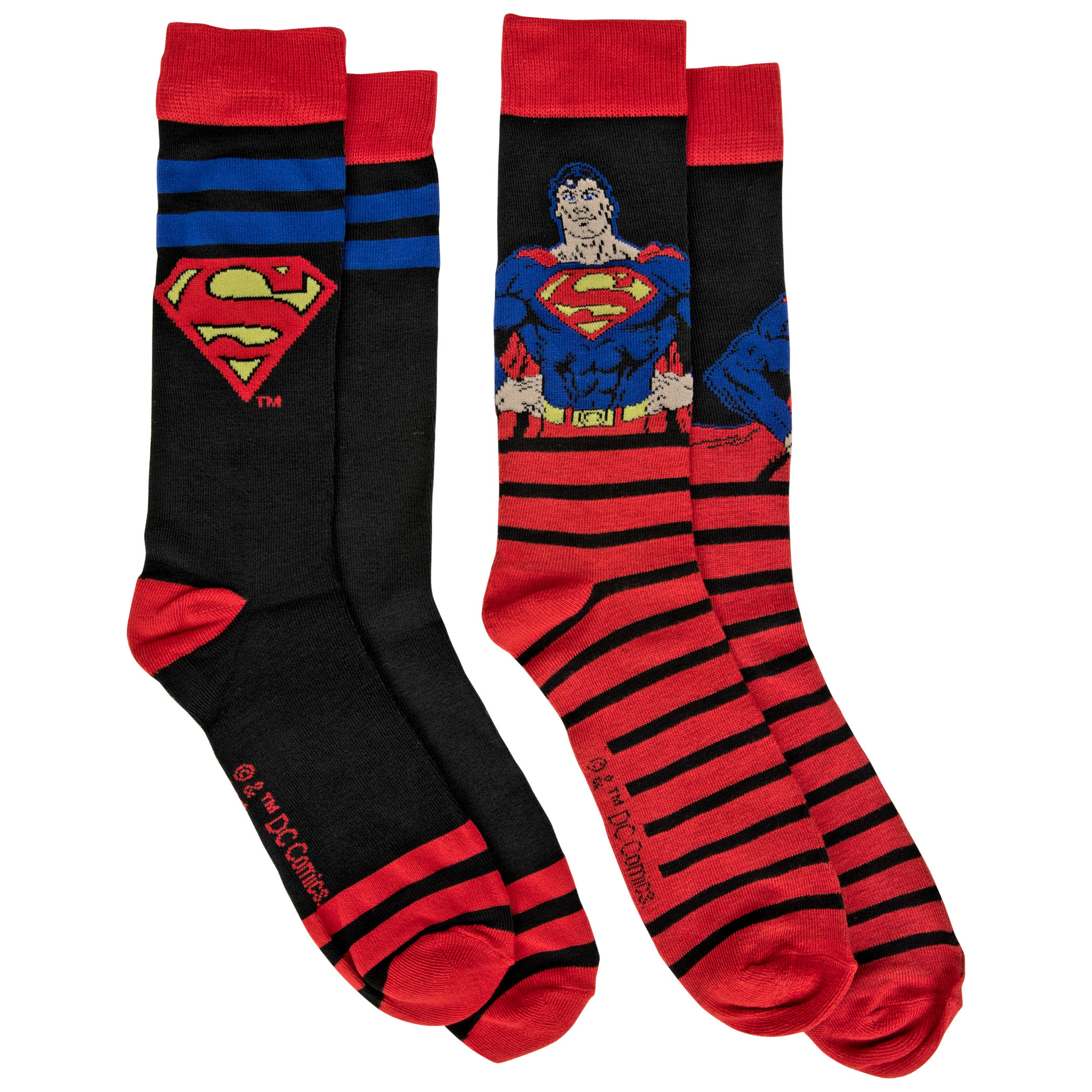 Superman Action Pose Stripes and Symbols 2-Pack Crew Socks, Multi-Color