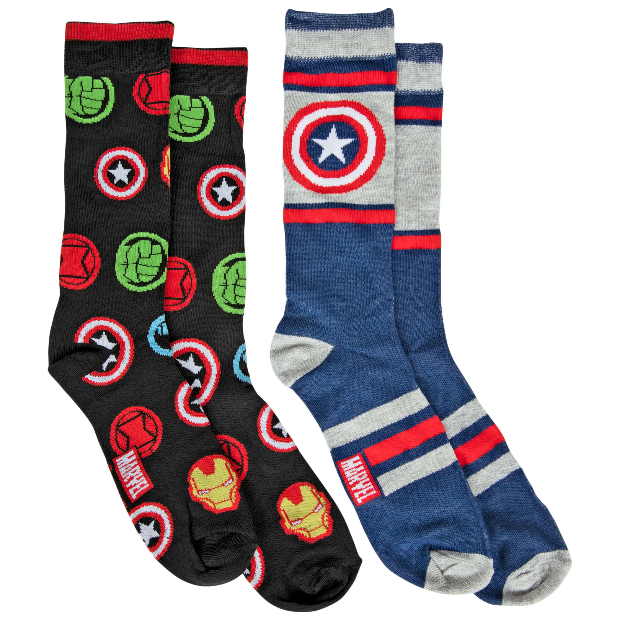 Captain America Striped Symbol and Avengers Logos 2-Pair Pack of Crew Socks, Black
