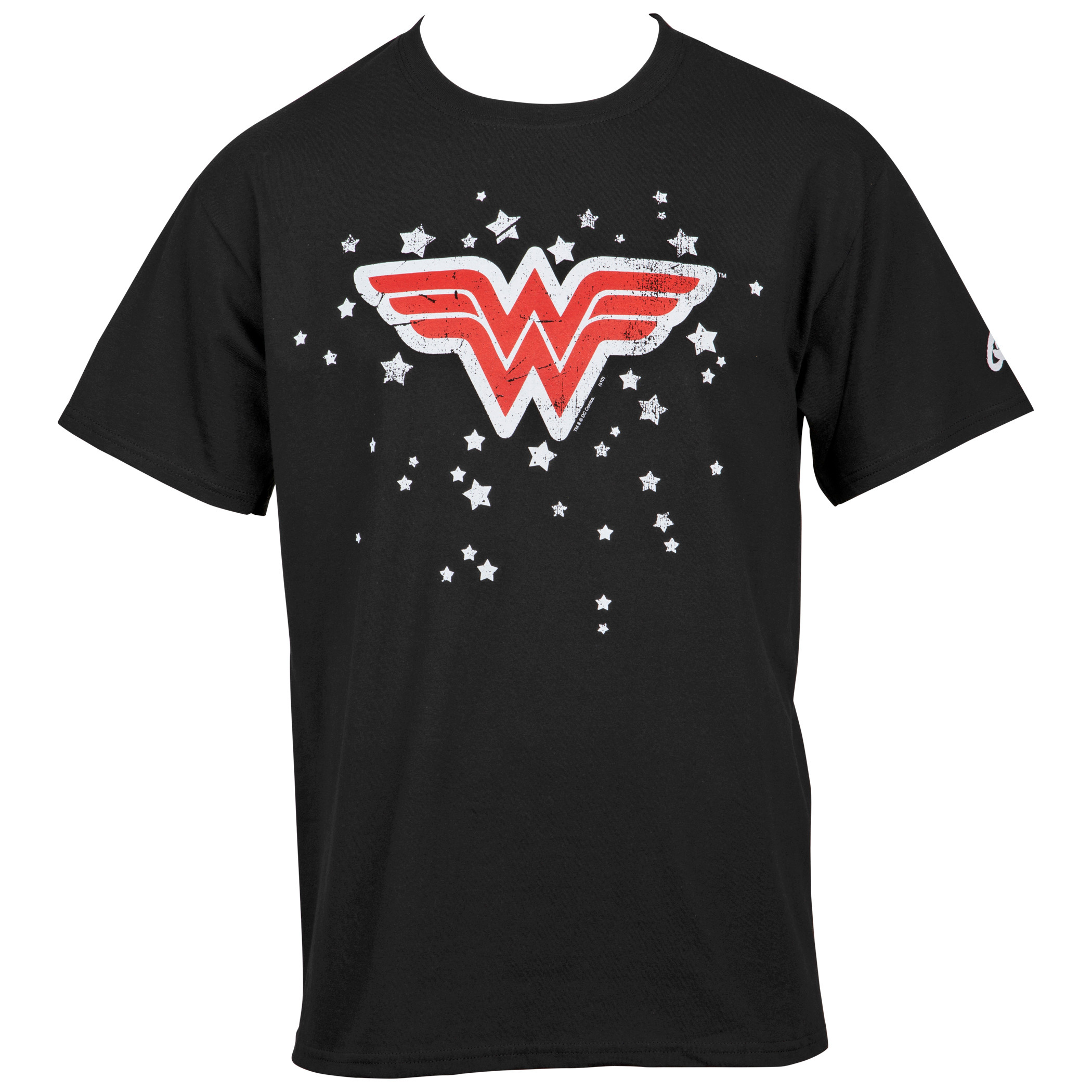 Wonder Woman Distressed Symbol On A Starfield T-Shirt, Black