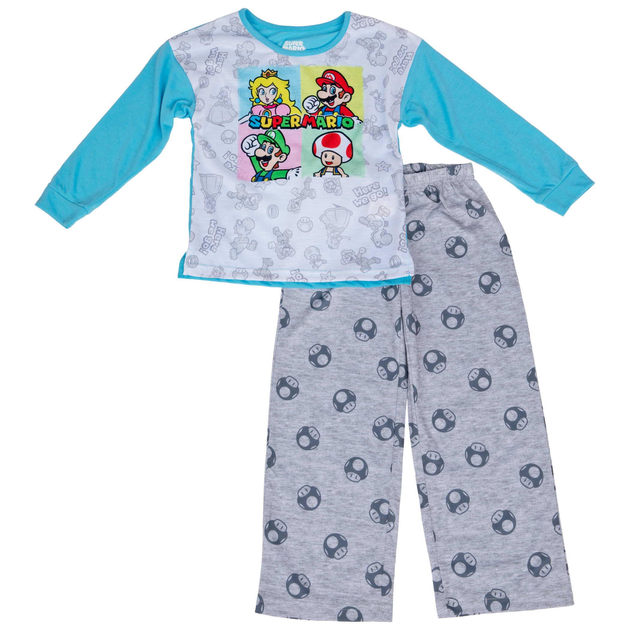 Nintendo Super Mario Character Squares 2-Piece Long Sleeve Pajama Set, Multi-Color