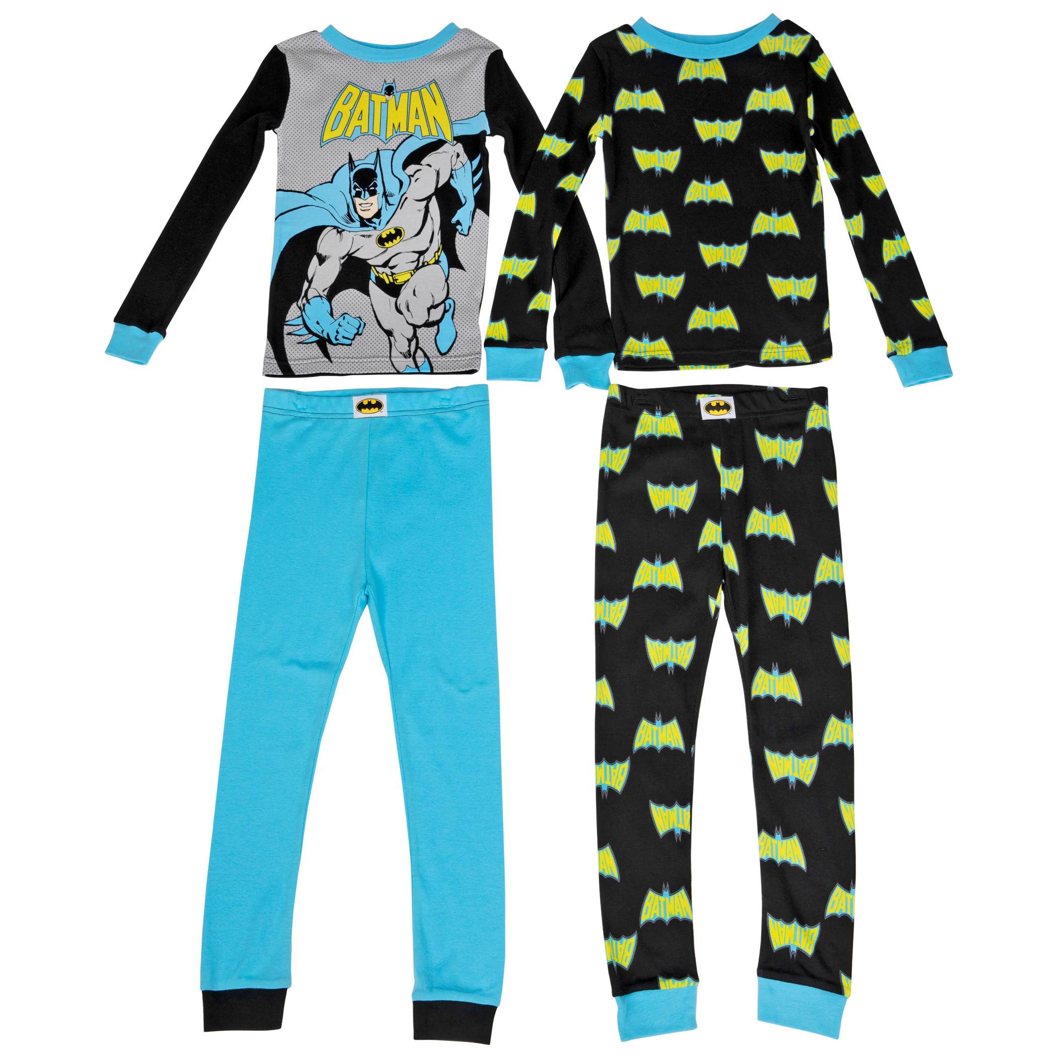 Batman Figure and All Over Symbols Youth 4-Piece Long Sleeve Pajama Set, Multi-Color