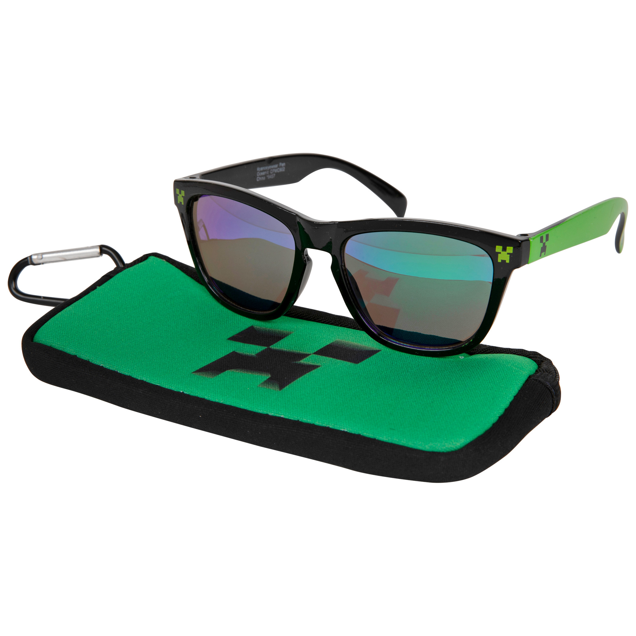 Minecraft Creeper Face Kids Sunglasses with Carabiner Pouch, Green