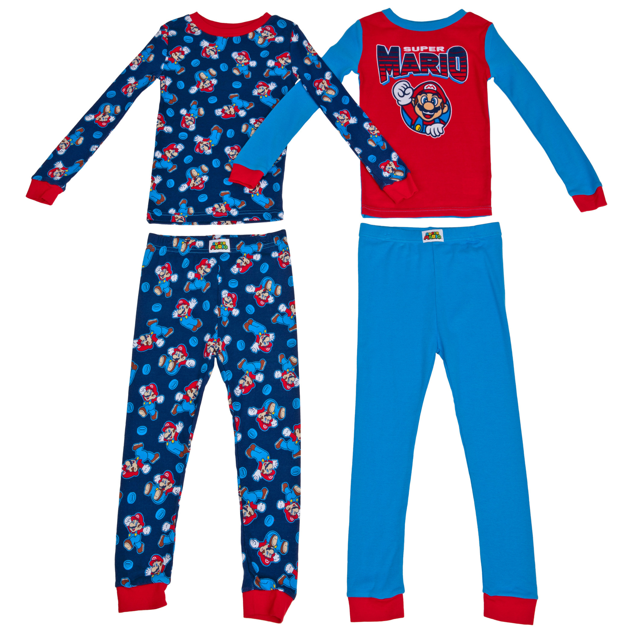 Nintendo Super Mario Character Youth 4-Piece Long Sleeve Pajama Set, Multi-Color