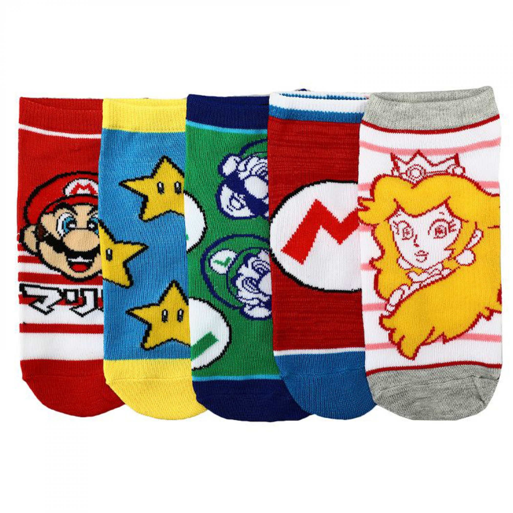 Super Mario Bros. Character Icons 5-Pair Ankle Sock Set, Multi-Color