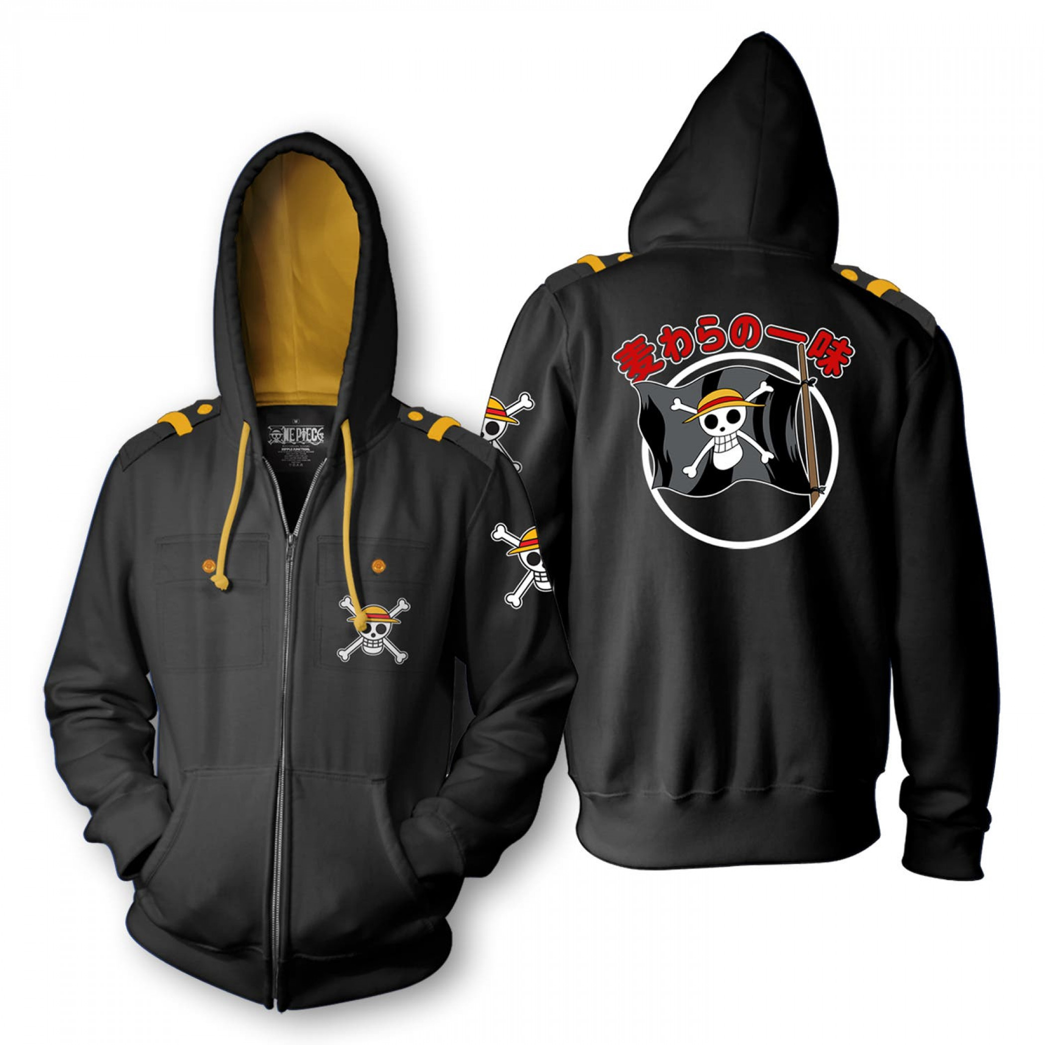 One Piece Straw Hat Military Zip Hoodie, Black
