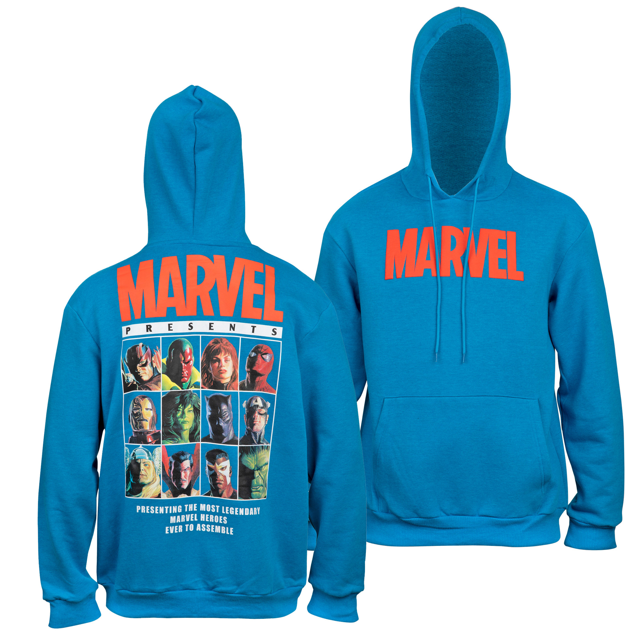 Marvel Brand Text Puff Print Hoodie With Character Line Up Back Print, Blue