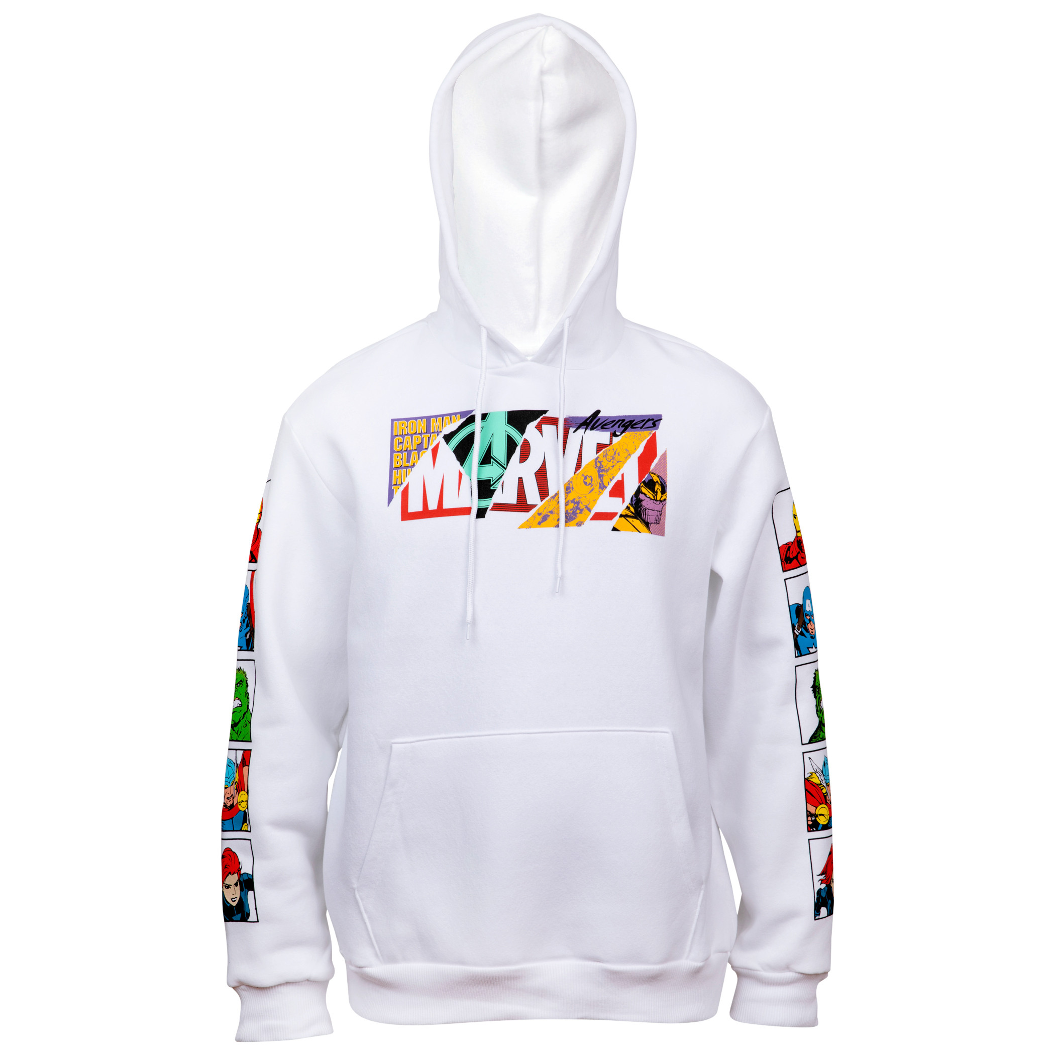 Marvel Brand Collage Text Hoodie With Character Block Sleeve Prints, White