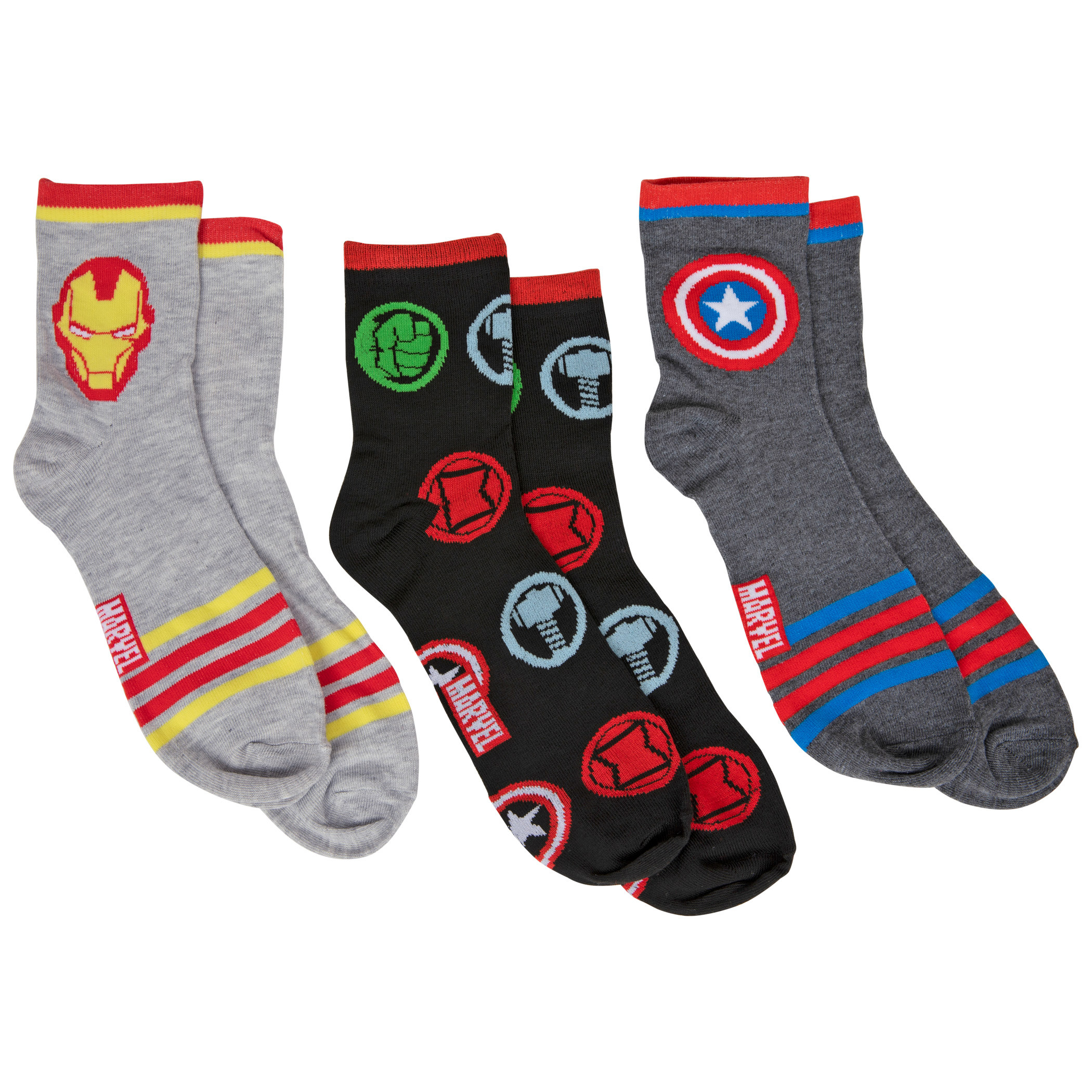 Captain America  Iron Man and Avengers Logo 3-Pack 3/4 Crew Socks, Multi-Color