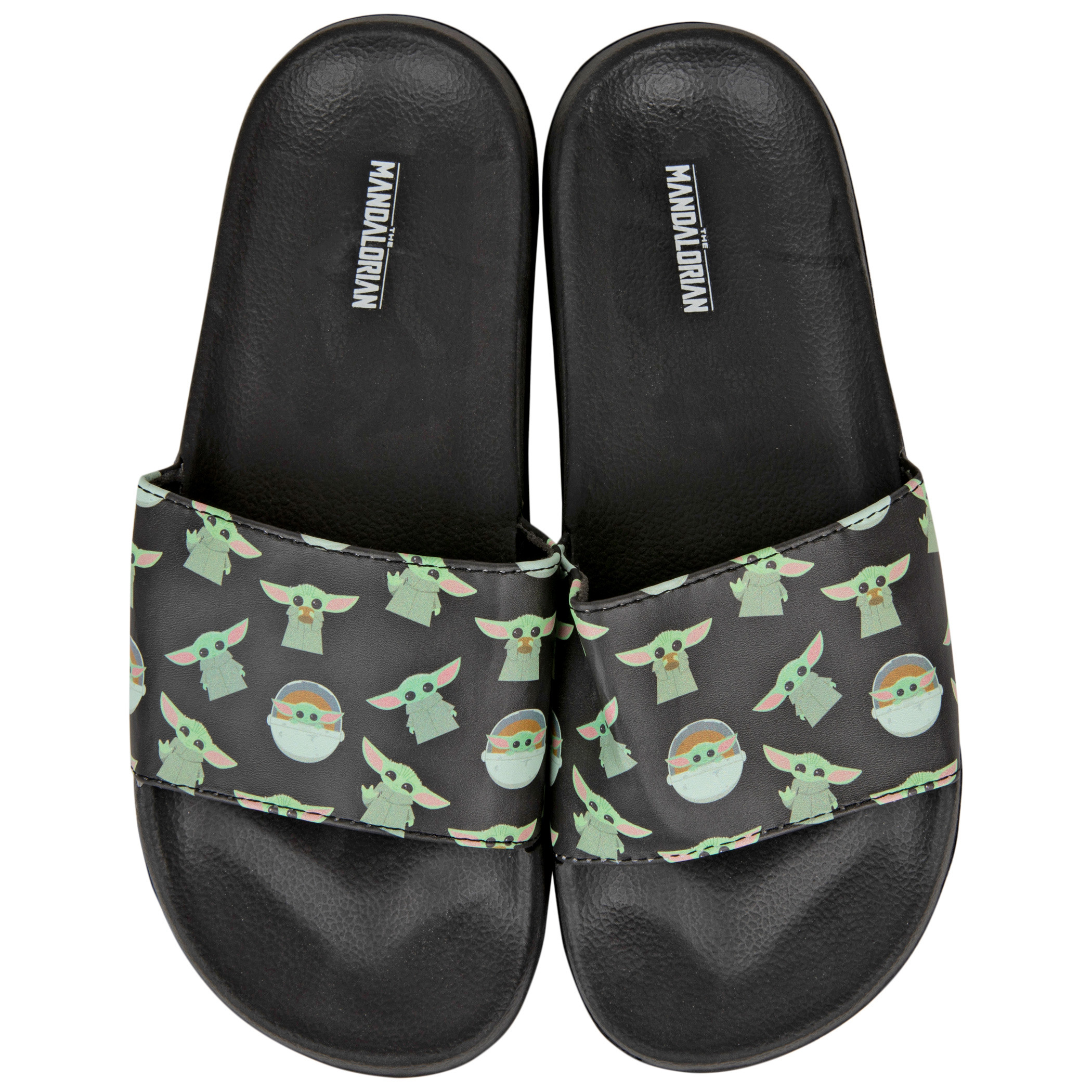Star Wars The Mandalorian The Child Grogu All Over Logo Slides Sandals, Black