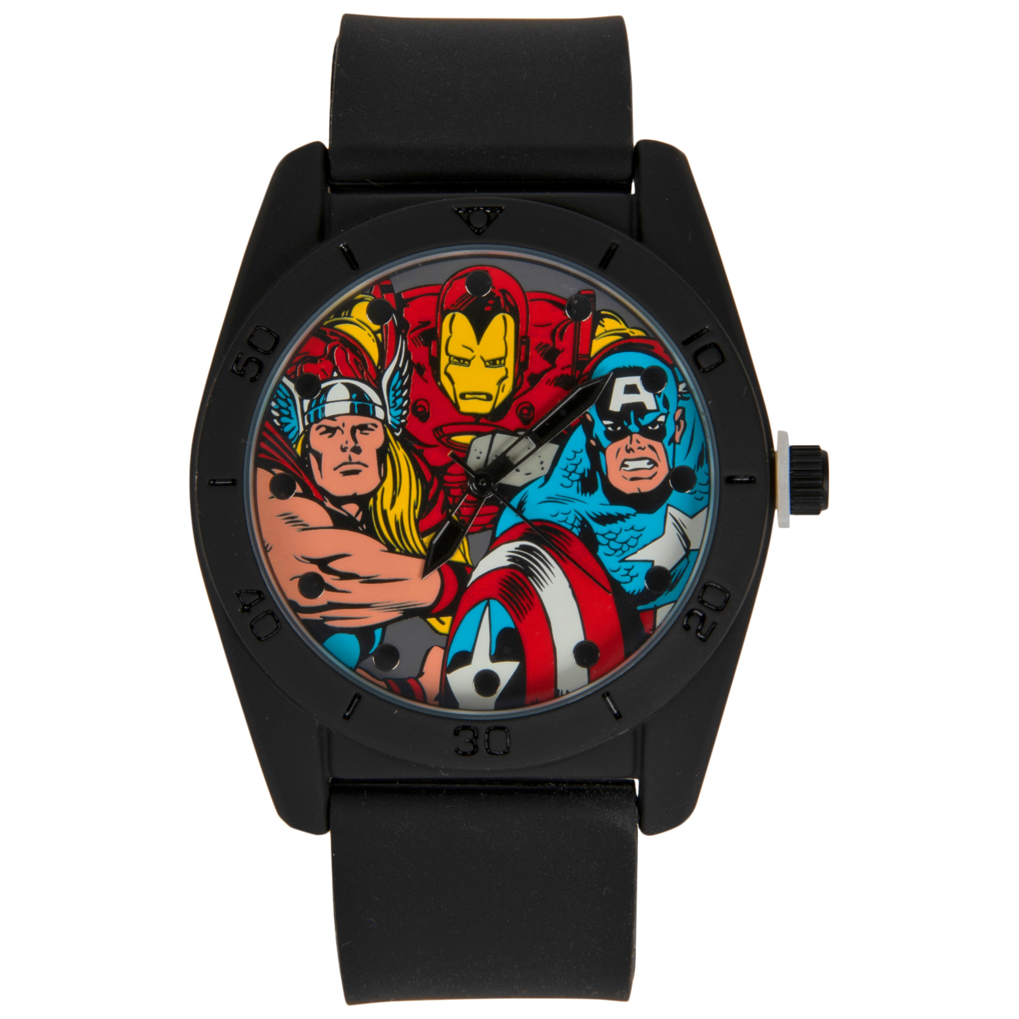 Marvel Comics Classic Avengers Characters Watch with Rubber Strap, Black
