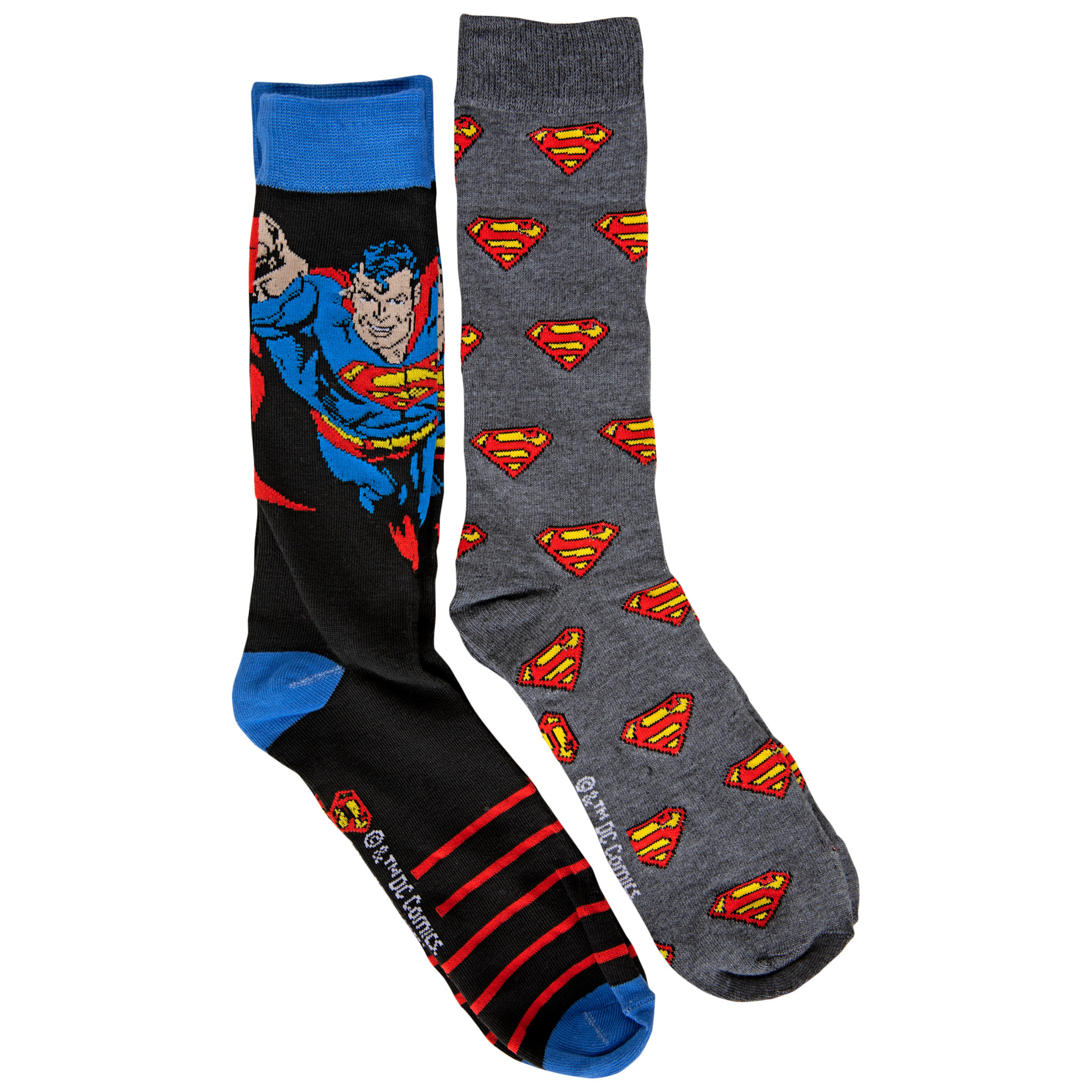 Superman Flying Punch and Repeating Symbols 2-Pair Pack of Crew Socks, Multi-Color