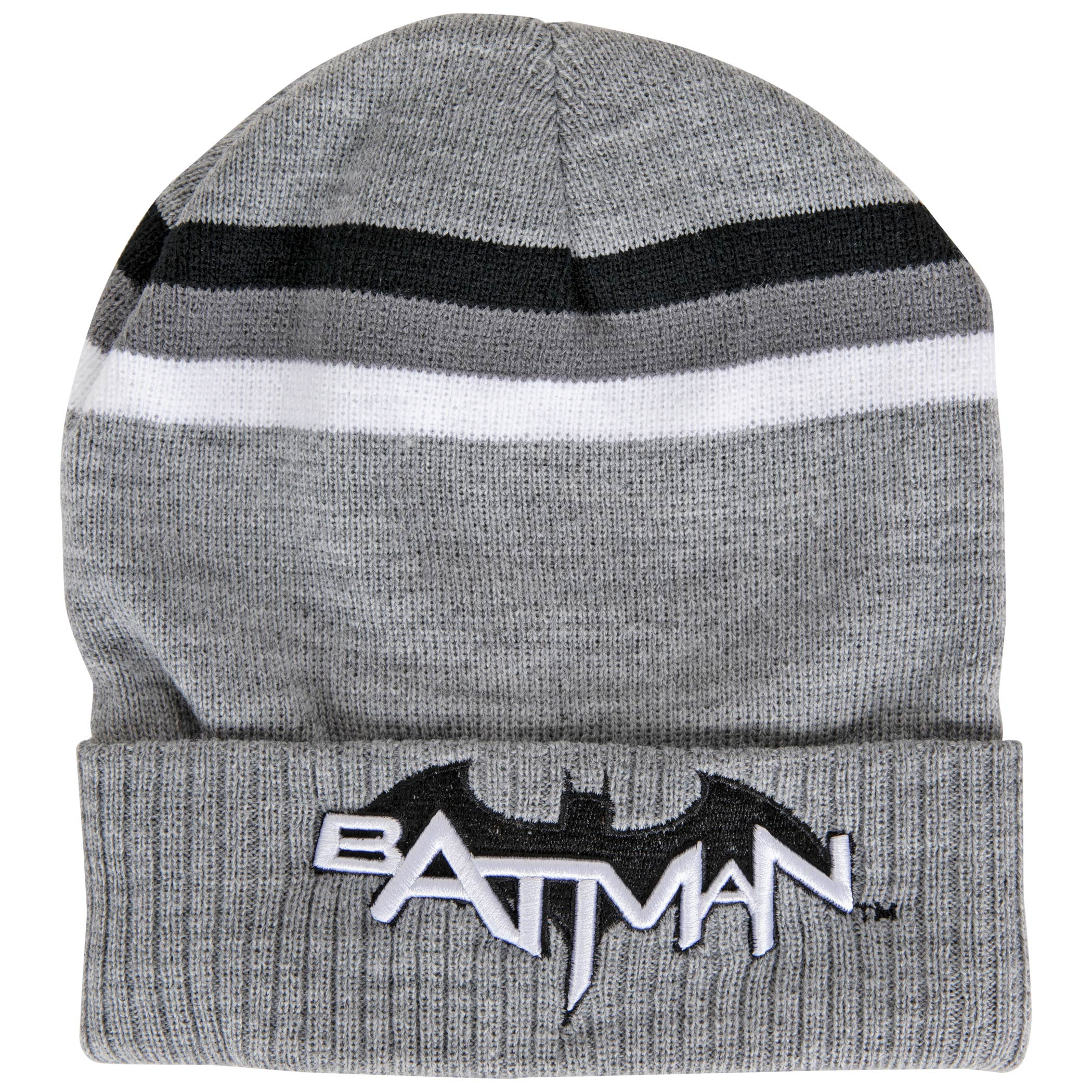 DC Comics Batman Bat Symbol and Text Striped Cuff Knit Beanie, Multi-Color