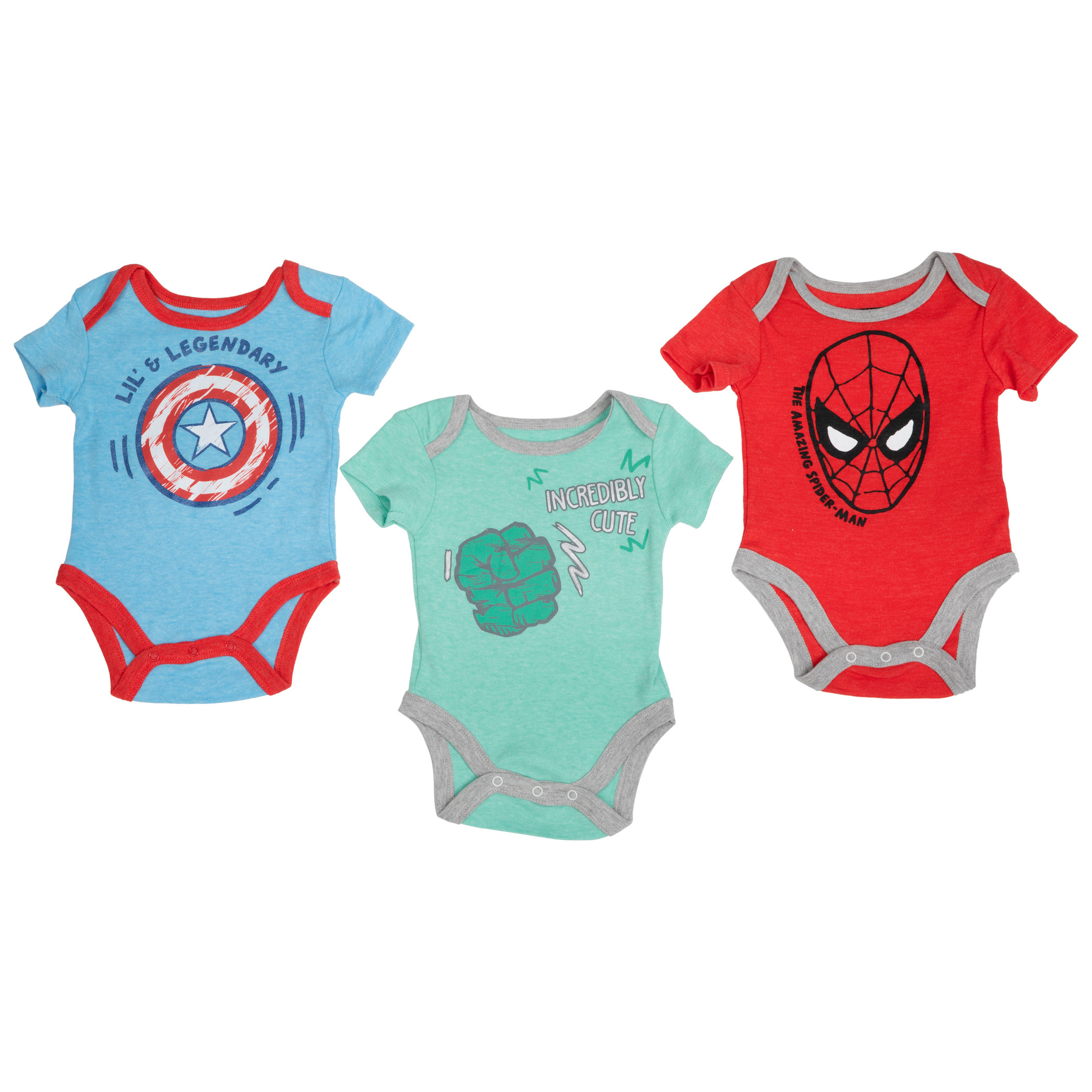 Marvel Heroes Captain America and Spider-Man and Hulk 3-Pack Infant Bodysuit Set, Multi-Color