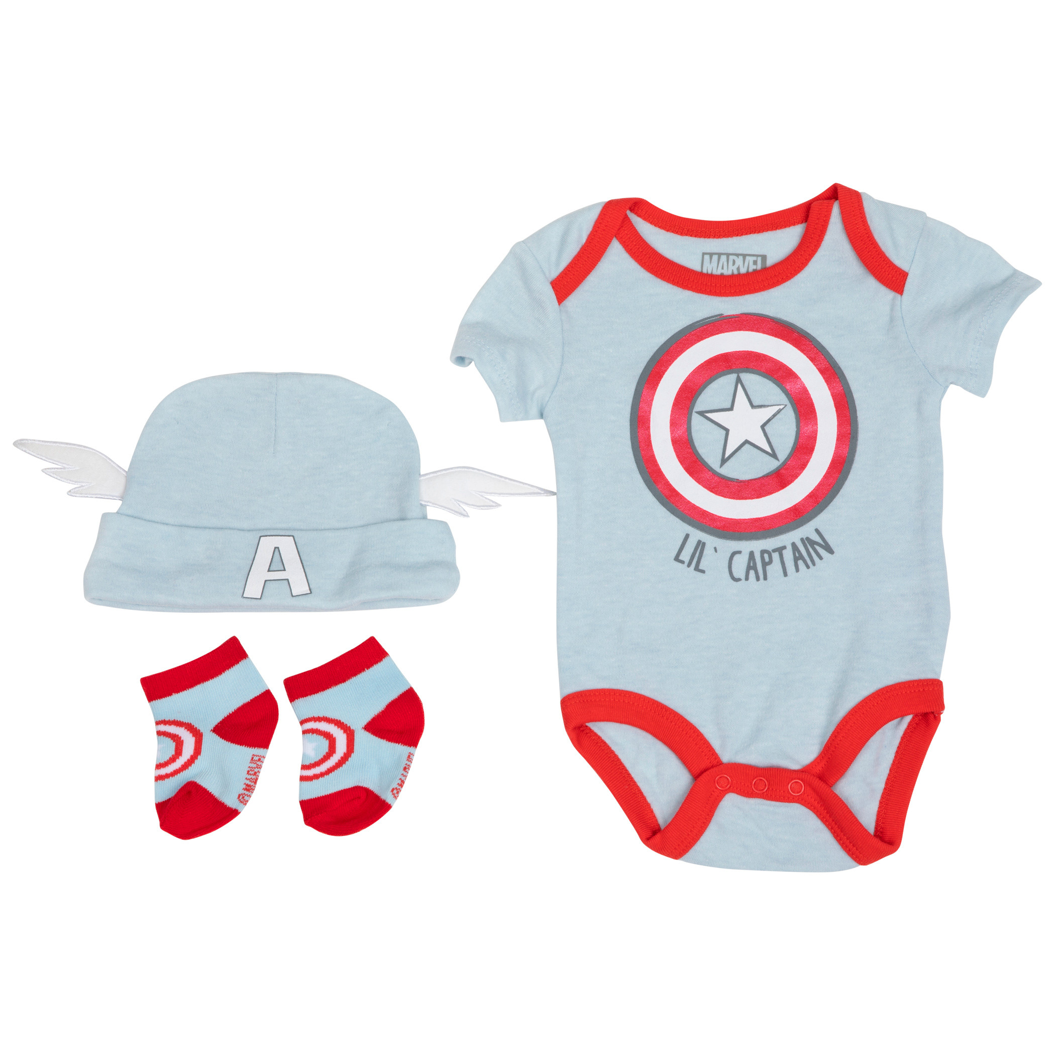 Marvel Lil' Captain America Shield Costume 3-Piece Infant Bodysuit Set, Blue