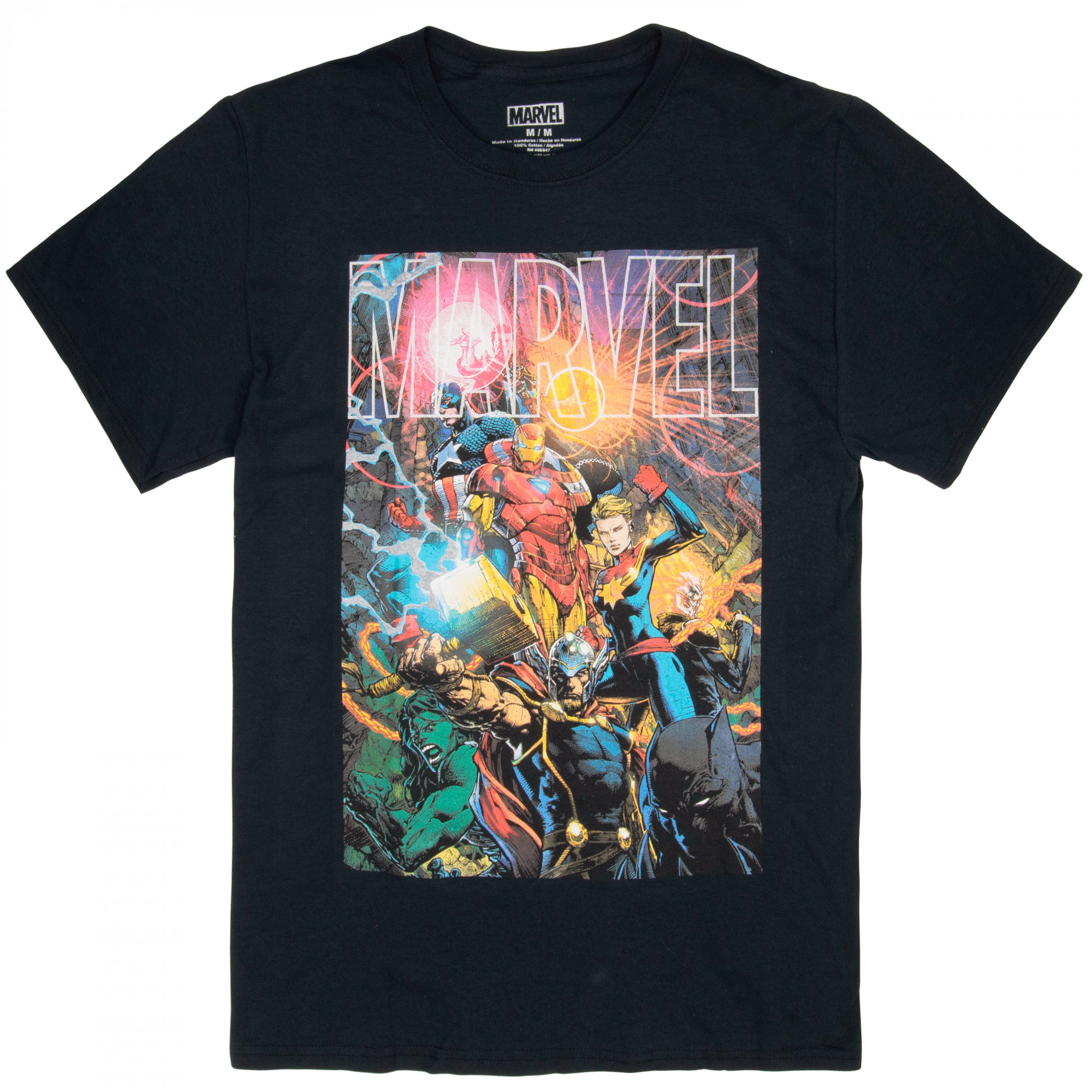 Marvel Logo With Heroes Men's-T-Shirt, Black