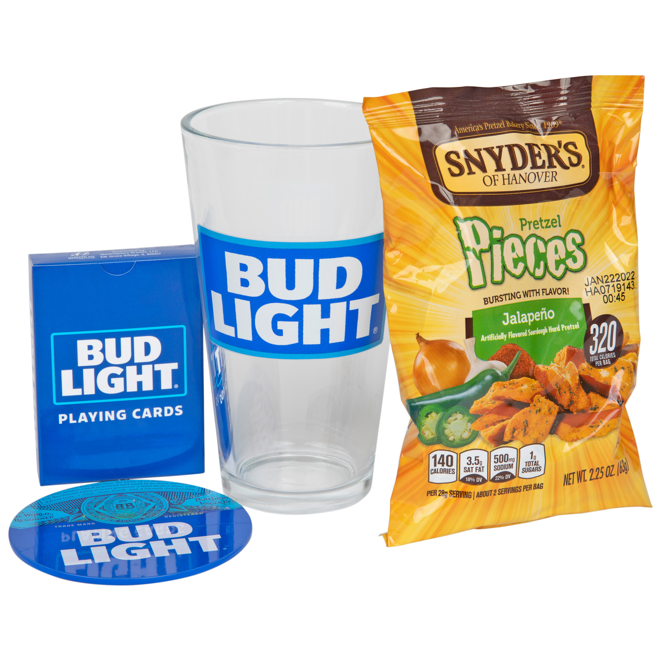 Bud Light Playing Cards Pint Glass and Pretzel Gift Set