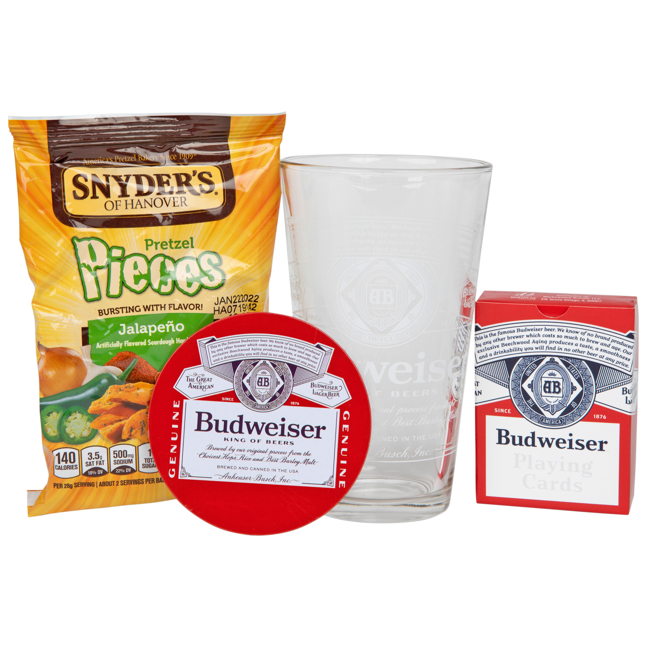 Budweiser Pint Glass Playing Cards and Pretzels Gift Pack