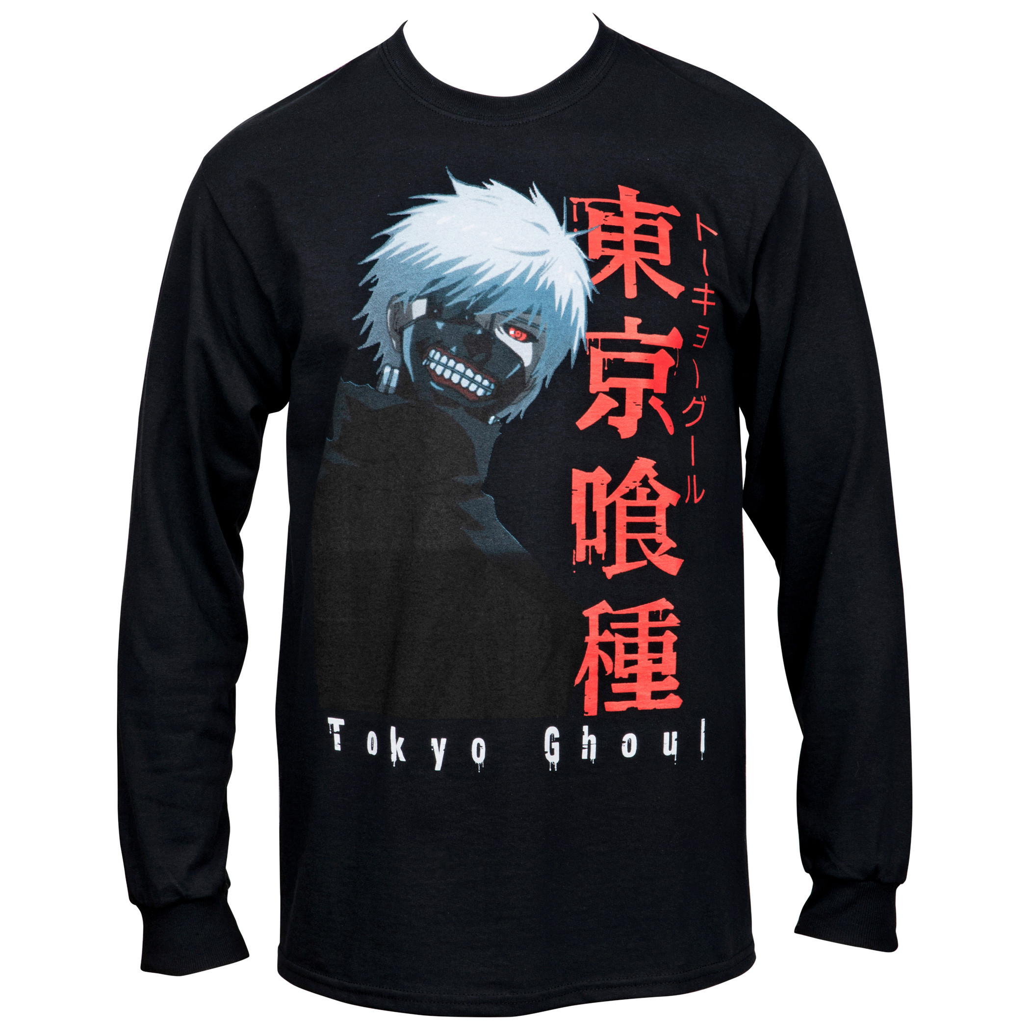 Tokyo Ghoul Kaneki Ken w/ Tokyo Ghoul Kanji Text Long Sleeve T-Shirt, Black