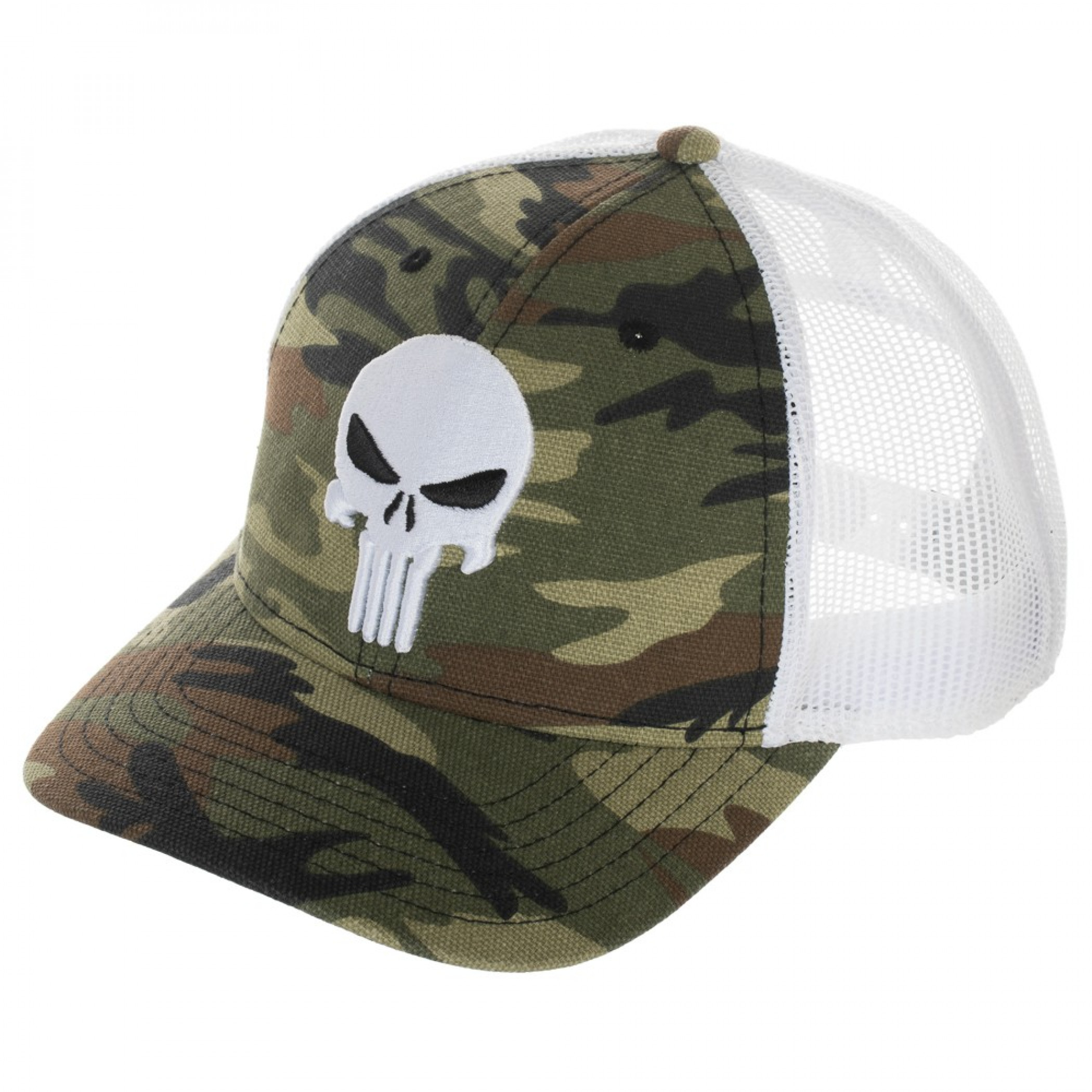 Punisher Camo Pre-Curved Adjustable Mesh Trucker Hat, Green