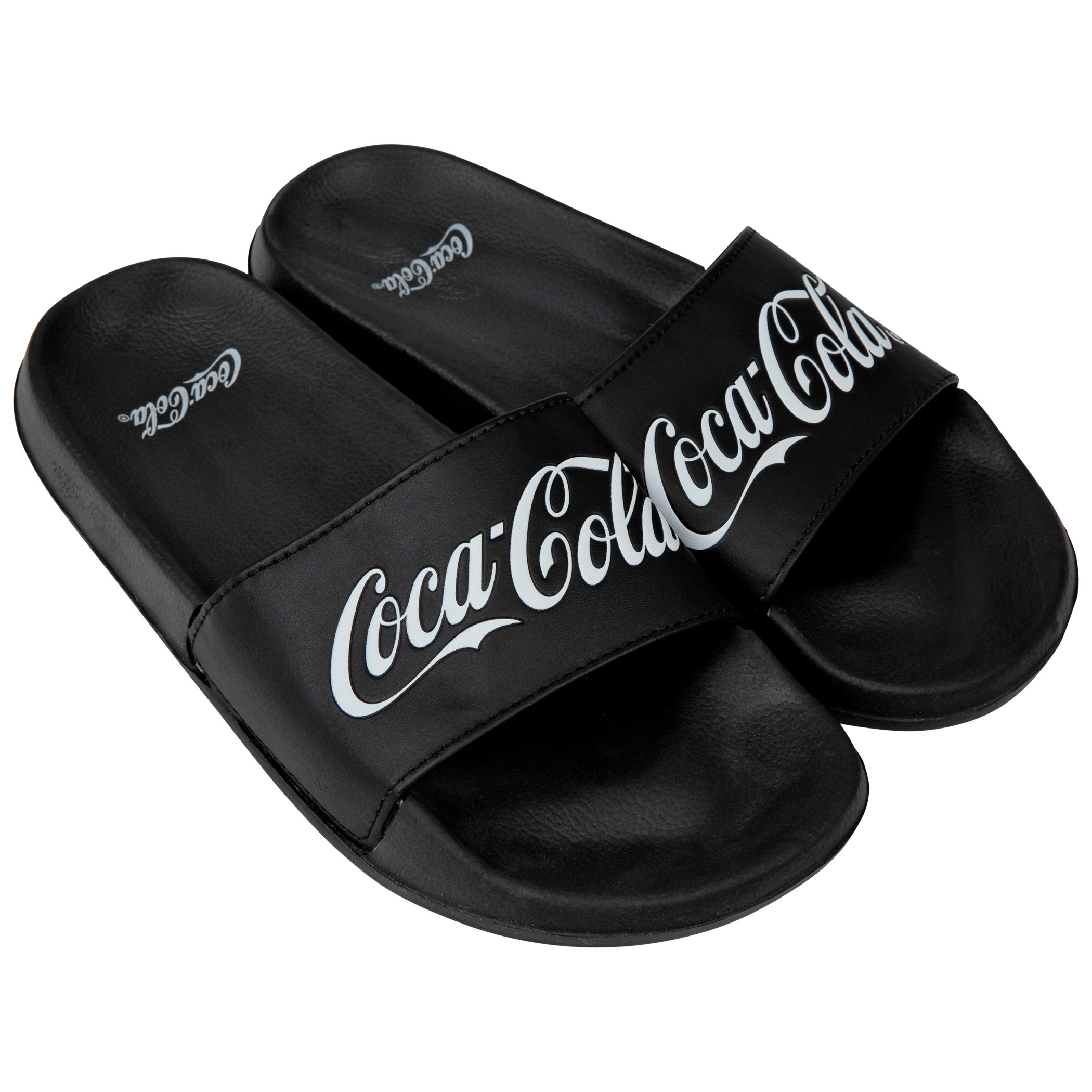 Coca-Cola Brand Black and White Text Logo Slide Sandals | Brew-Shirts.com