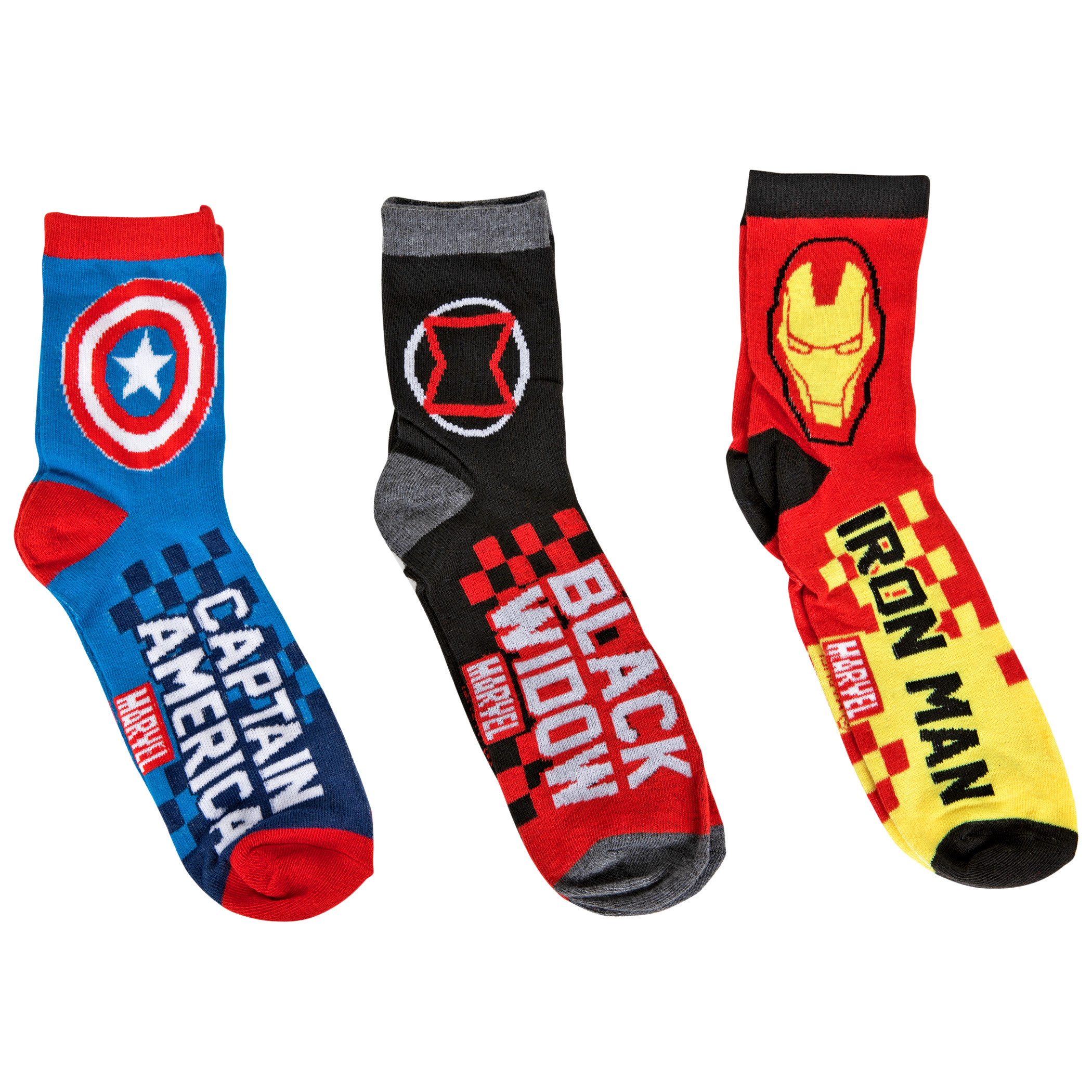 Captain America  Iron Man  and Black Widow Logos 3-Pair Pack of 3/4 Crew Socks, Multi-Color